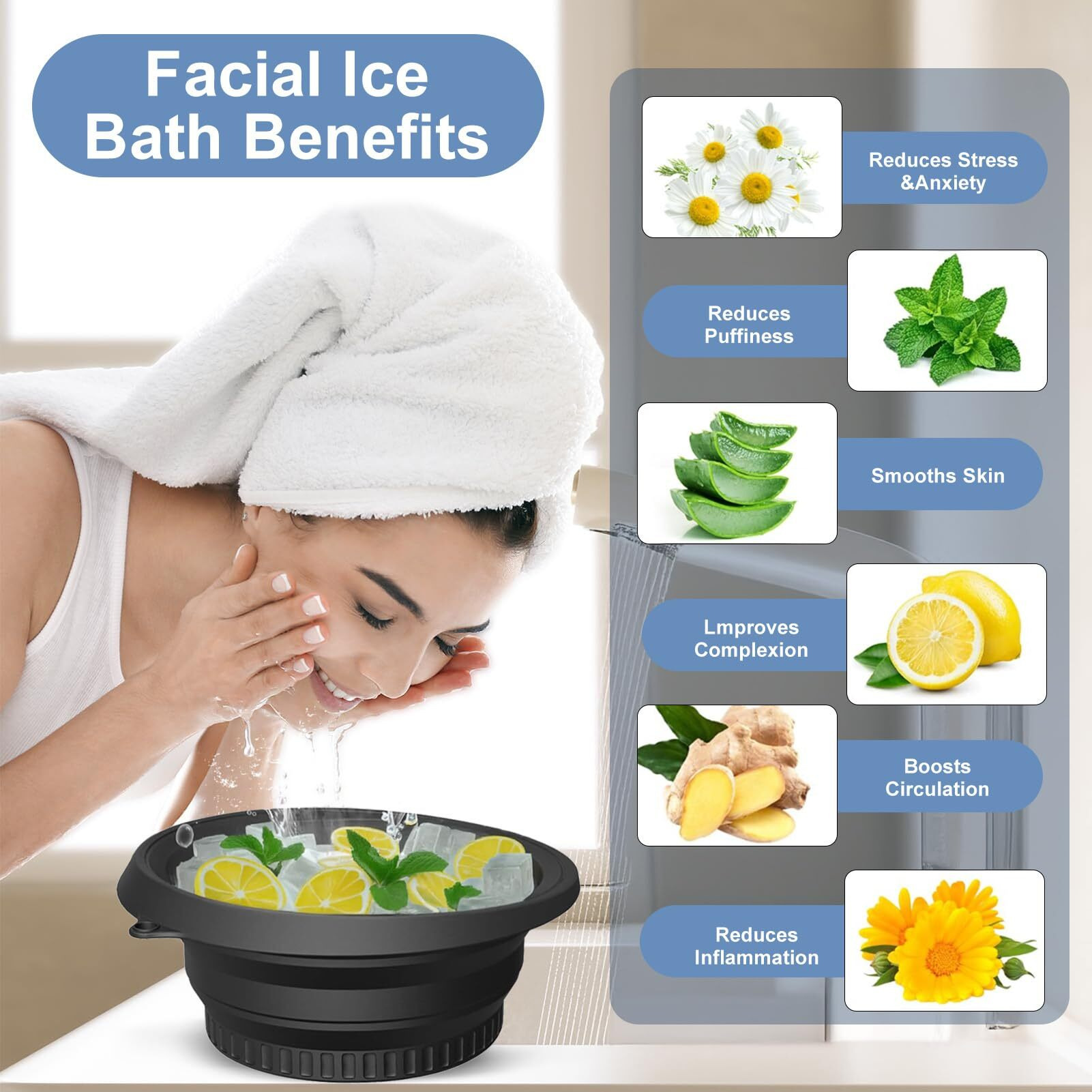Face Ice Bath Bowl With Built-In Ice Tray, Silicone Ice Bowl Facial Folding Washbasin For Cold Plunge Therapy, Skin Tightening & Acne Relief, Reusable Ice Cubes Portable Spa Tool For Home & Travel