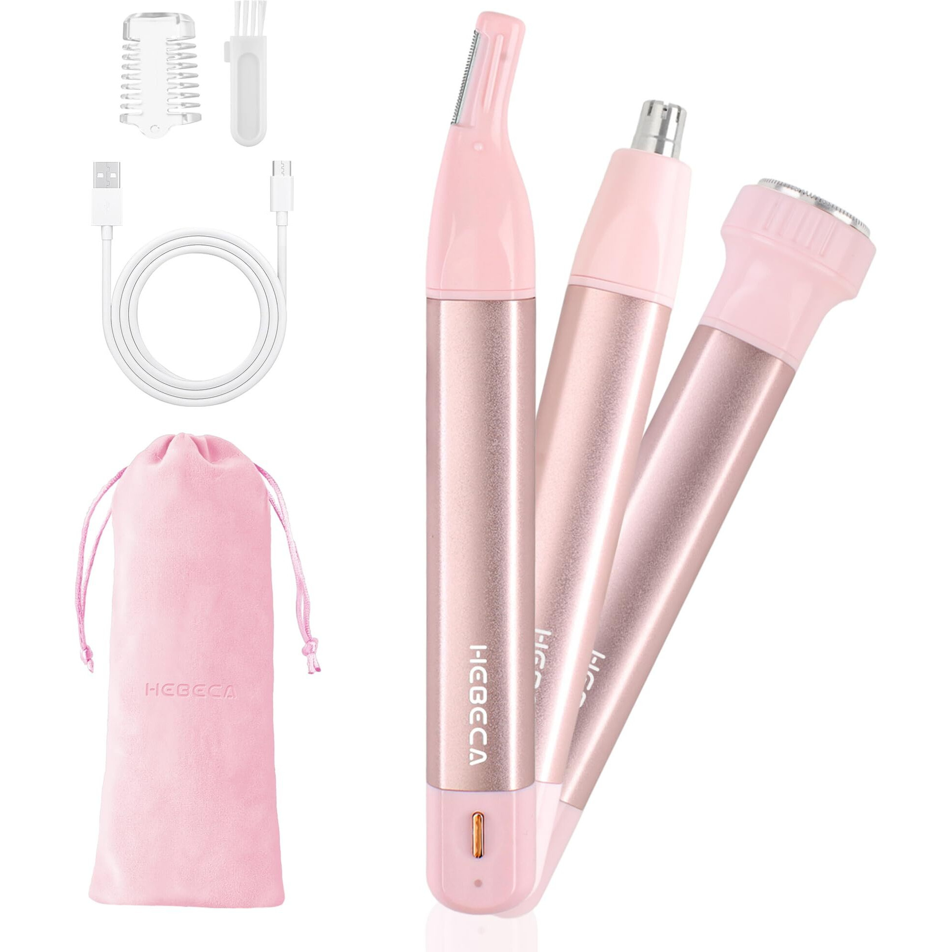 Nose Hair Trimmer For Women 3In1 Facial Hair Removal Trimmers- Rechargeable, Waterproof, Portable With Travel Bag- Trims Nose, Ear, Eyebrow, Peach-Fuzz, Lips, Chin Face Hair Remover Ft2003 (Pink)