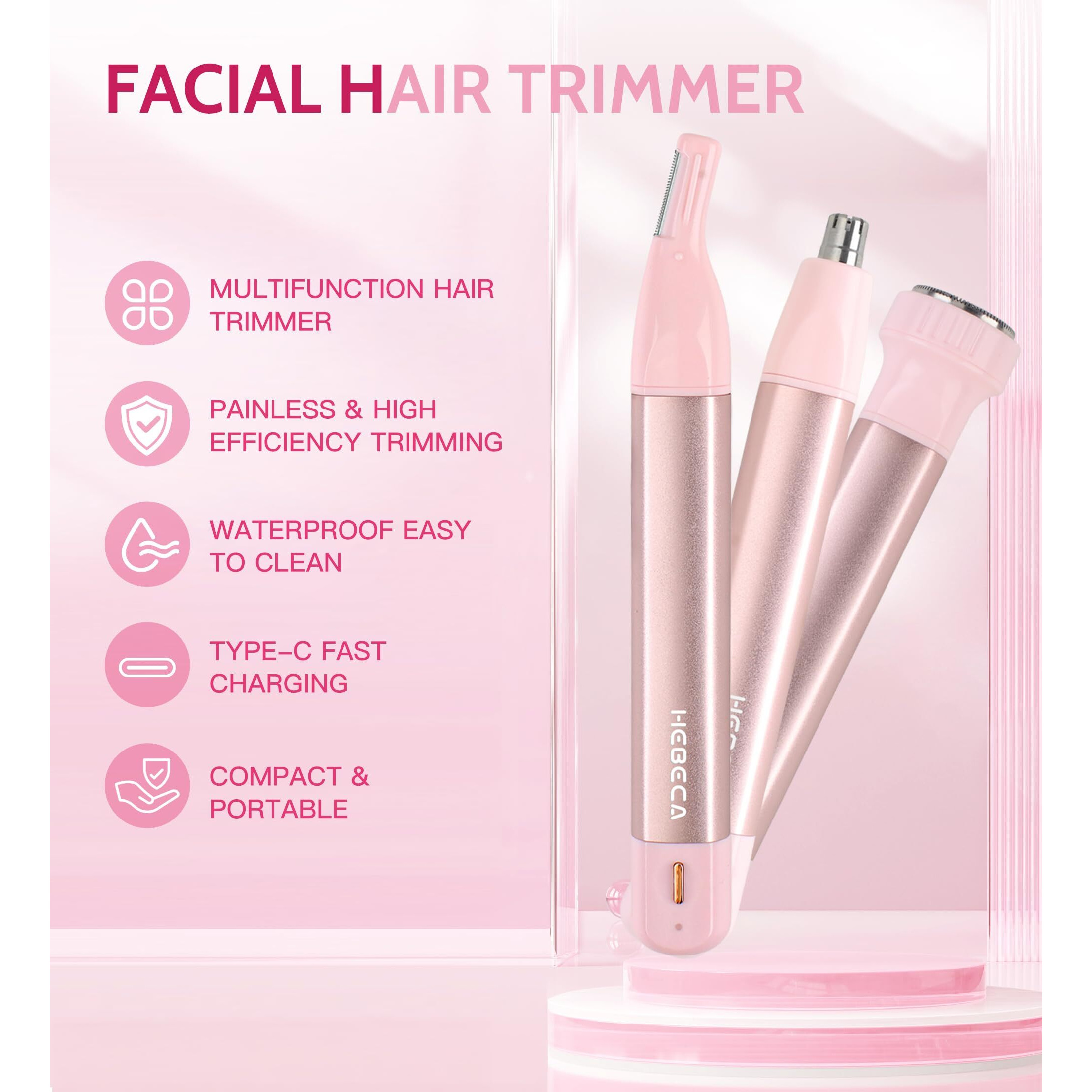 Nose Hair Trimmer For Women 3In1 Facial Hair Removal Trimmers- Rechargeable, Waterproof, Portable With Travel Bag- Trims Nose, Ear, Eyebrow, Peach-Fuzz, Lips, Chin Face Hair Remover Ft2003 (Pink)