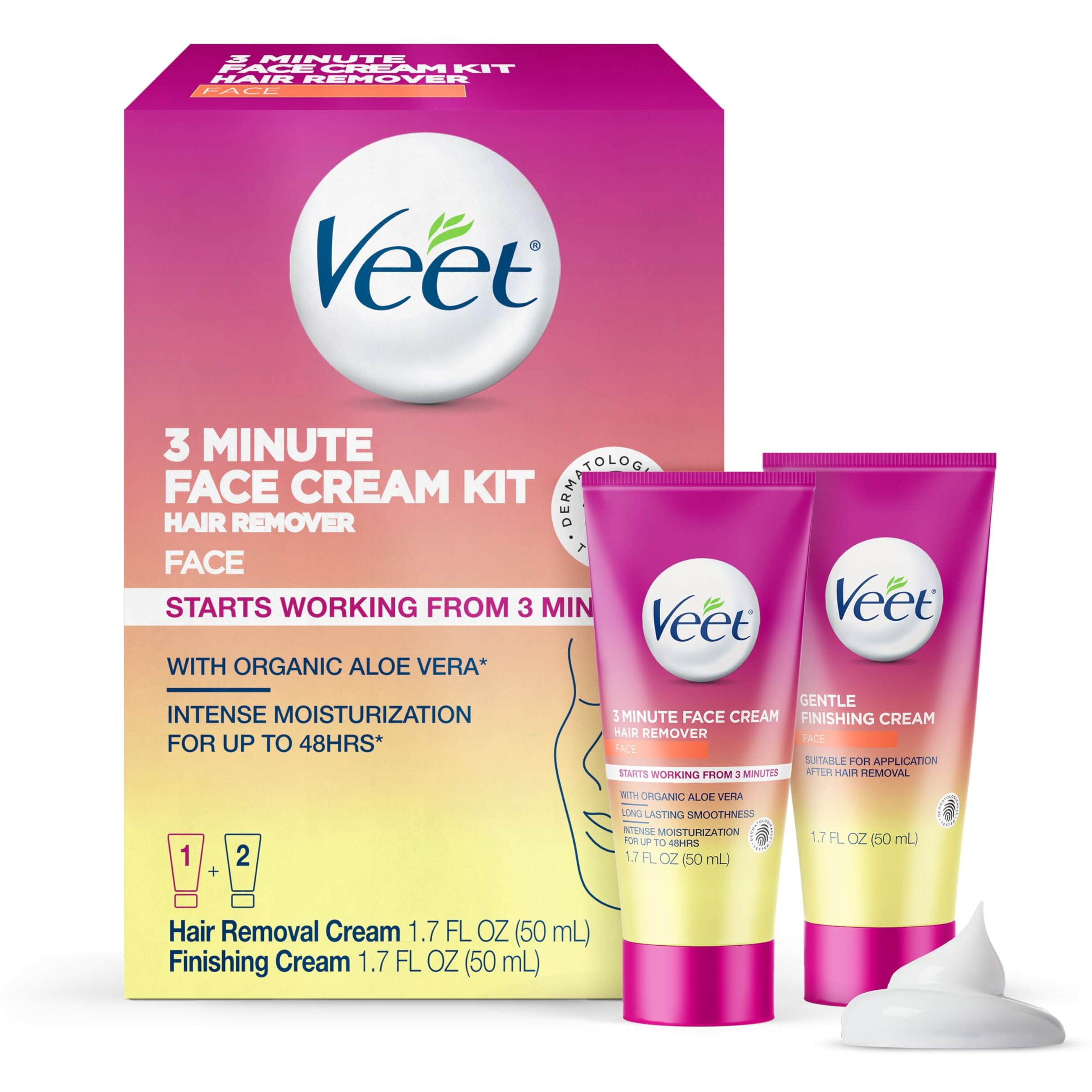 Veet 3 Minute Facial Hair Removal Cream For Women, Depilatory Cream With Organic Aloe Vera, 2 Piece Women's Facial Hair Remover Kit, 1.7 Fl Oz Hair Removal Cream + 1.7 Fl Oz Finishing Cream