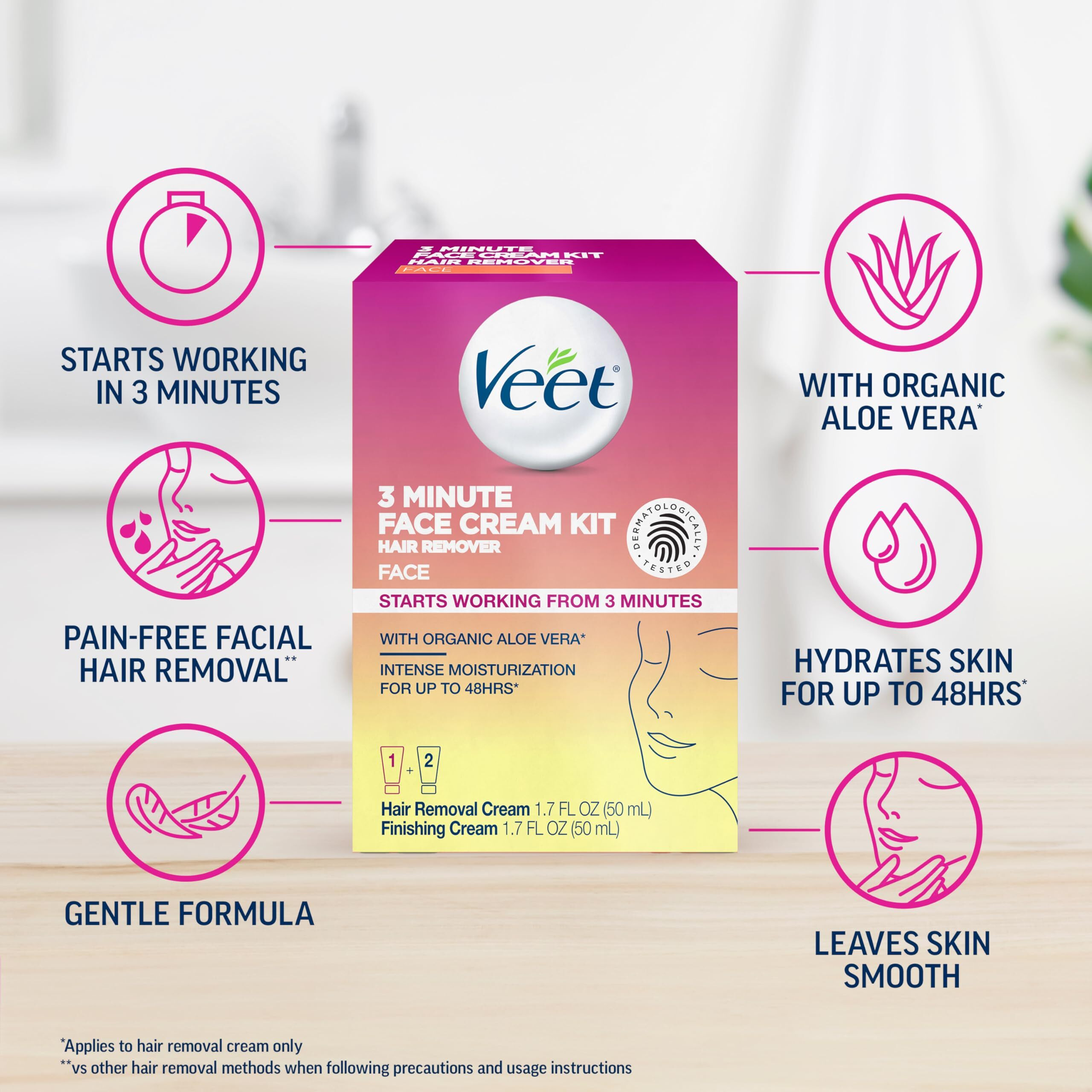 Veet 3 Minute Facial Hair Removal Cream For Women, Depilatory Cream With Organic Aloe Vera, 2 Piece Women's Facial Hair Remover Kit, 1.7 Fl Oz Hair Removal Cream + 1.7 Fl Oz Finishing Cream
