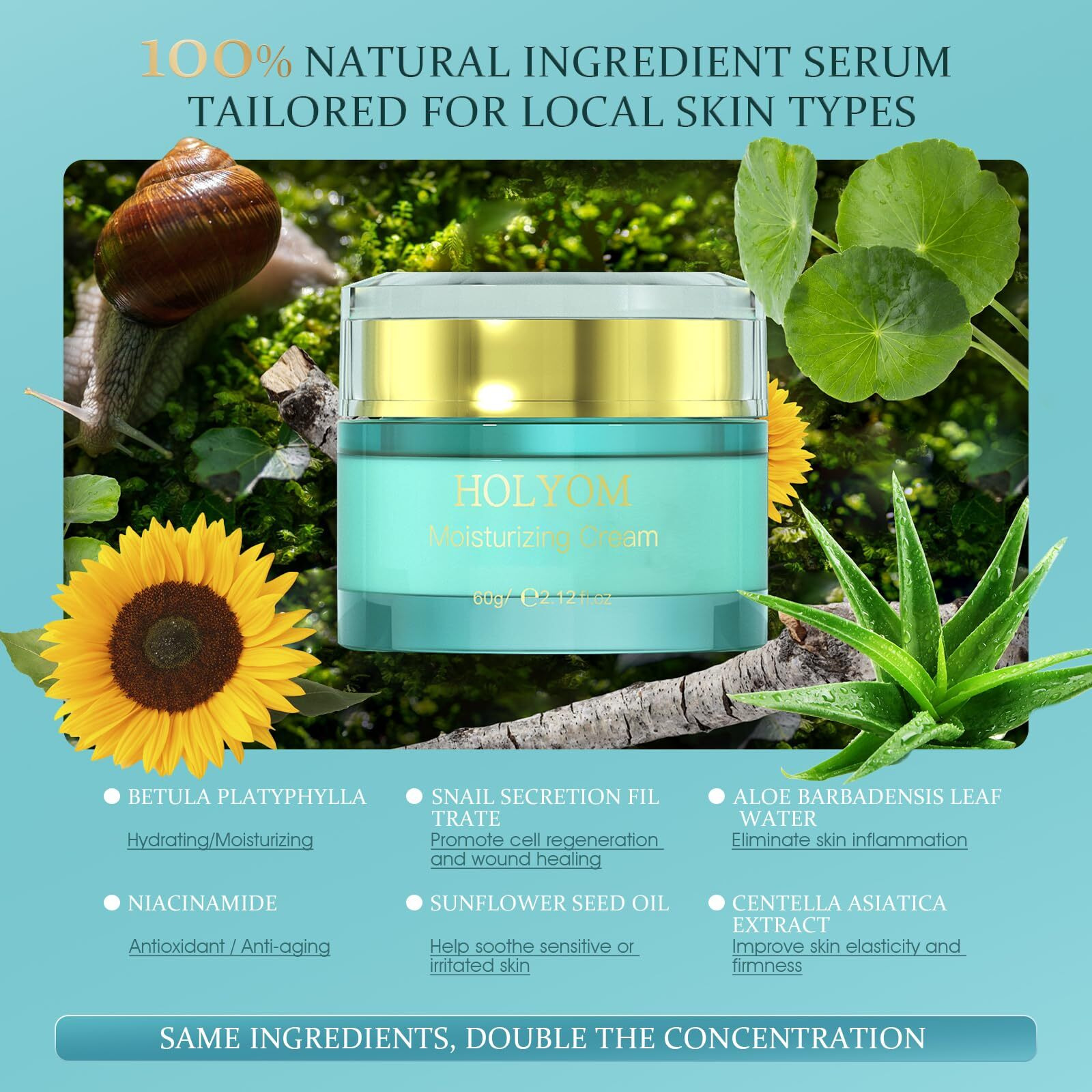 Holyom Anti-Aging Face Moisturizer - Hydrate Natural Formula For Wrinkles & Fine Lines Hydrating Moisturizing Daily Facial Moisturizing Cream Repair, 2.12 Fl Oz(Green)