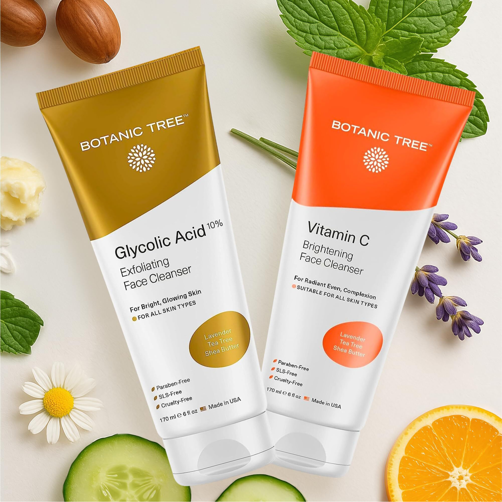 Botanic Tree Double Face Wash Kit - Gentle Facial Cleanser Set Of Glycolic Acid Exfoliator Facewash And Vitamin C Cleanser For Women, Men - Natural Exfoliating Scrub Set For Oily, Dry, Sensitive Skin