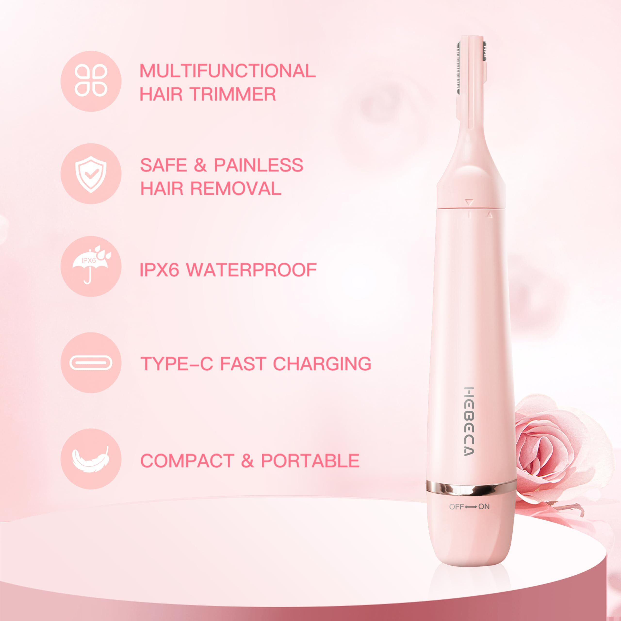 Hebeca Nose Hair Trimmer For Women, 3In1 Electric Eyebrow Trimmer Waterproof Facial Hair Removal Rechargeable Hair Shaver Razor For Nose Ear Eyebrow Peach-Fuzz Lips Chin Ft3001 Pink