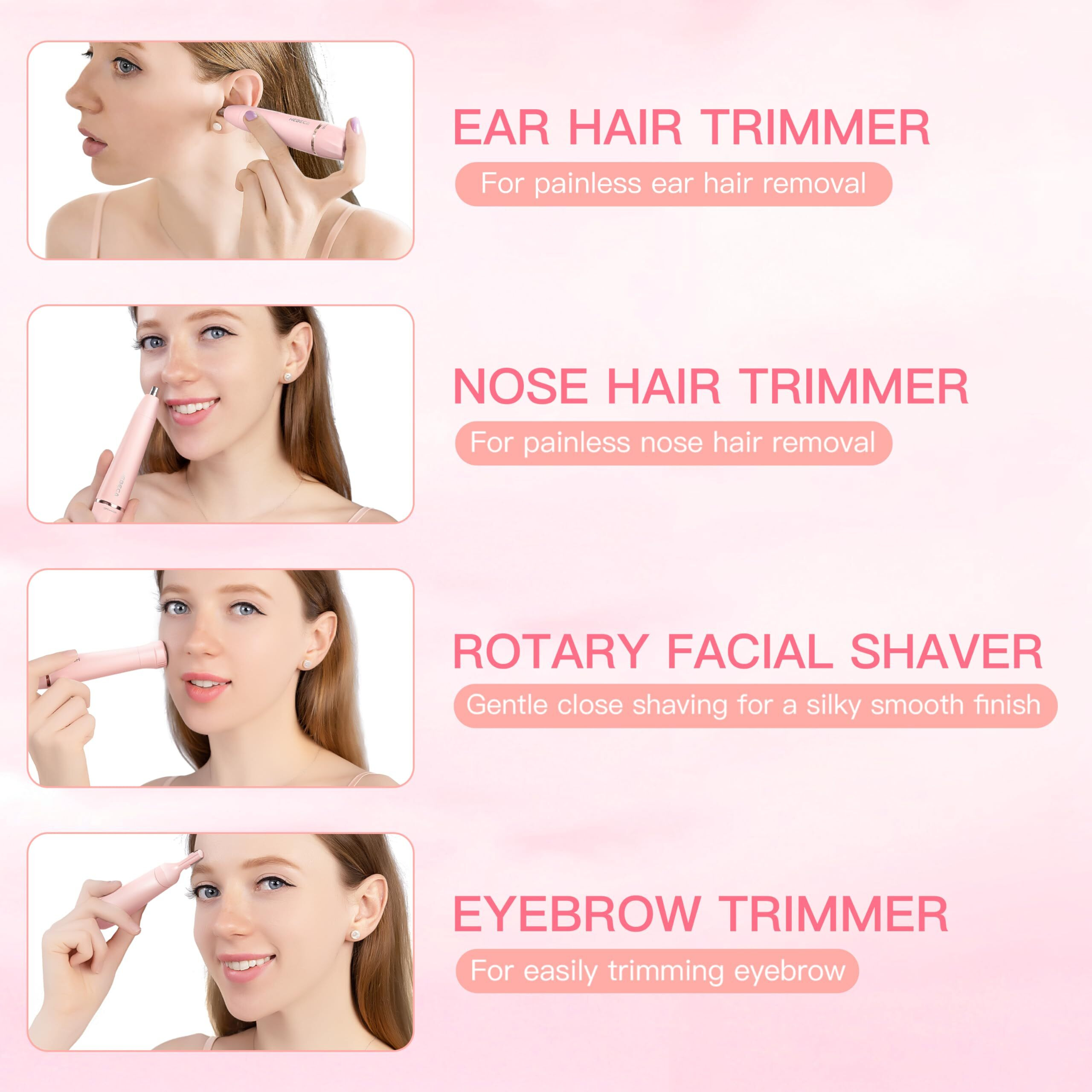 Hebeca Nose Hair Trimmer For Women, 3In1 Electric Eyebrow Trimmer Waterproof Facial Hair Removal Rechargeable Hair Shaver Razor For Nose Ear Eyebrow Peach-Fuzz Lips Chin Ft3001 Pink