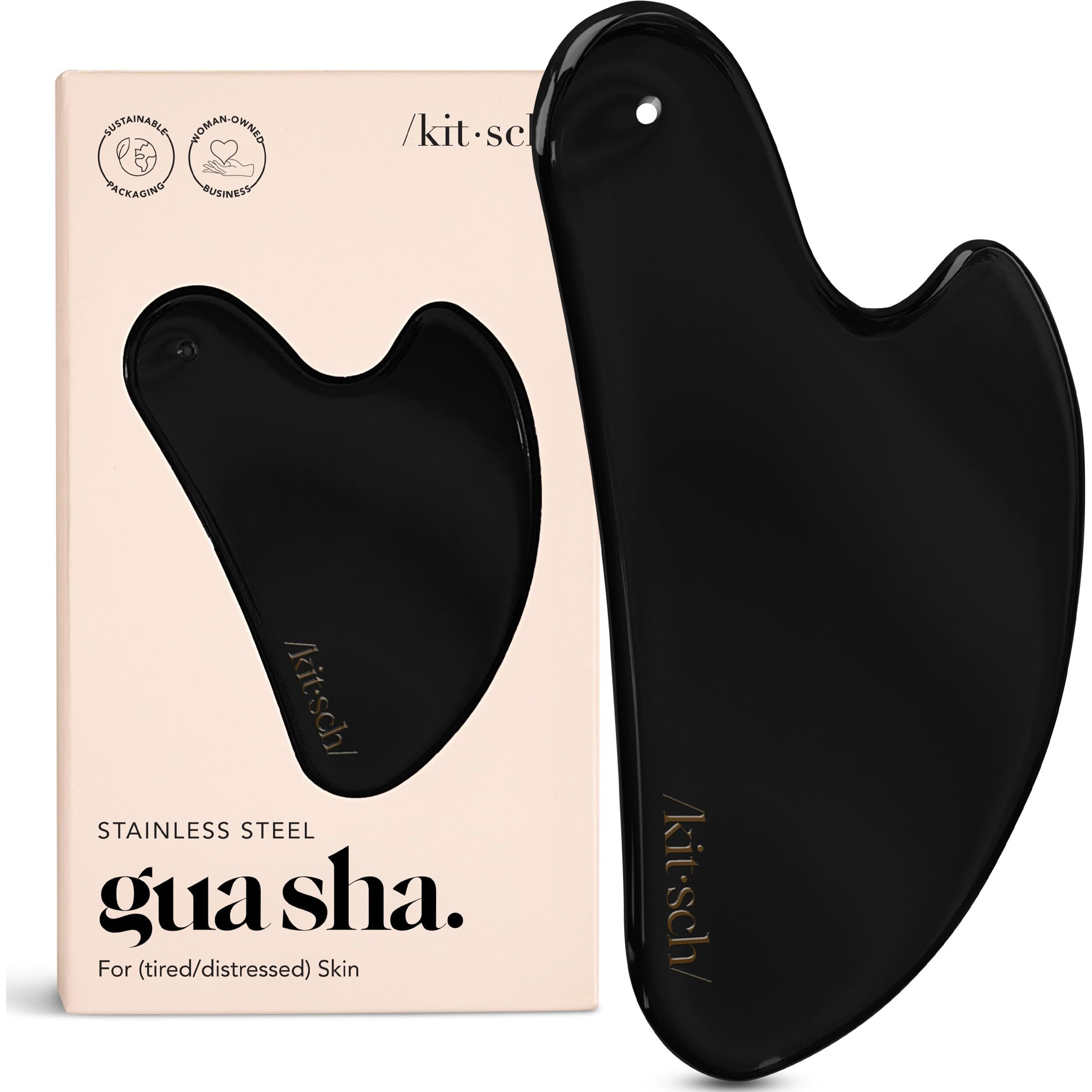 Kitsch Stainless Steel Gua Sha Facial Tools - Lymphatic Drainage Massager For Face & Chin, Jawline Shaper, Double Chin Reducer, Guasha Tool For Face Massager, Skin Care Tools - Matte Black