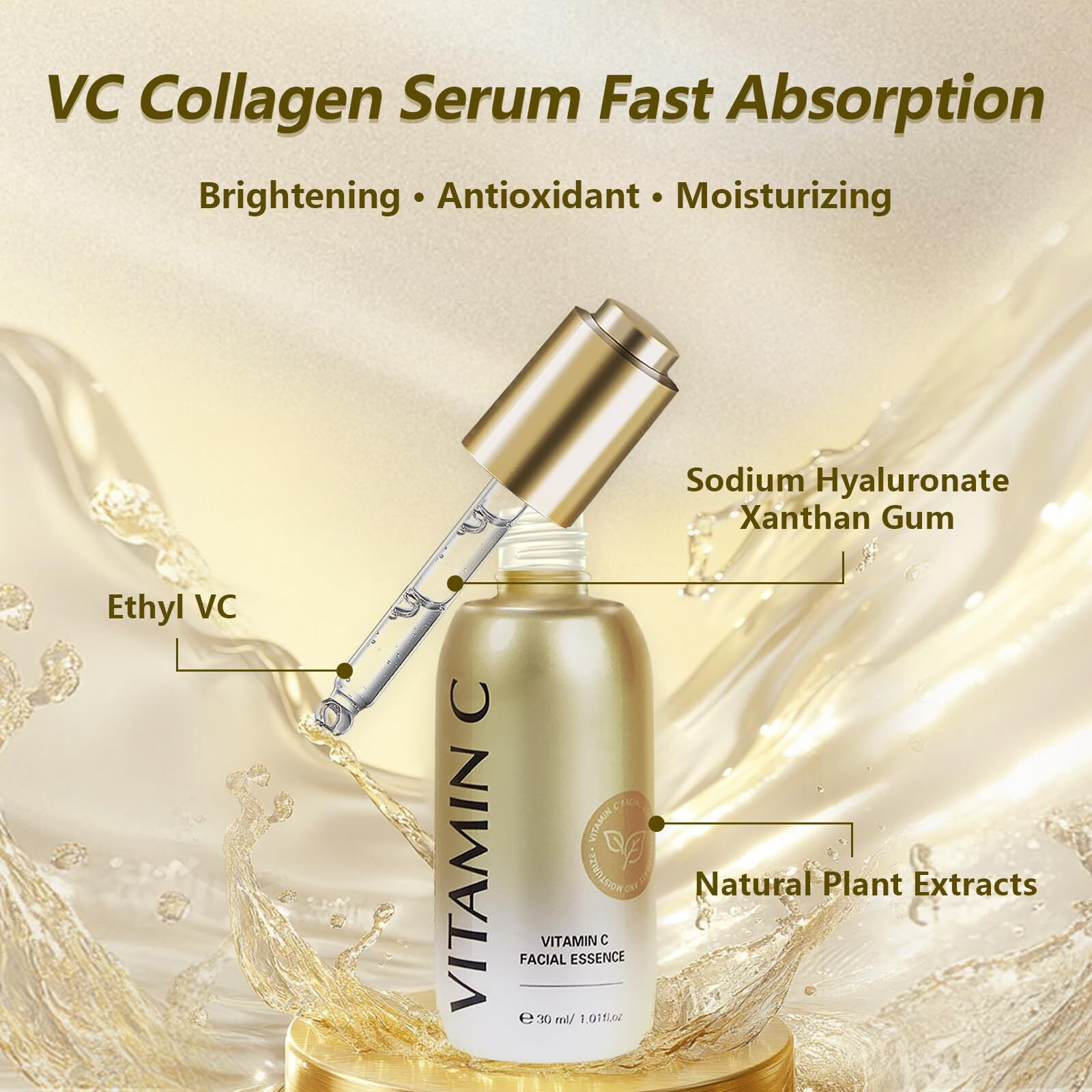 Vitamin C Serum For Face With Collagen & Hyaluronic Acid Brightening, Anti-Aging, Hydrating, Antioxidant Non-Greasy Facial Serum Essence 30Ml/1.01 Fl, Oz