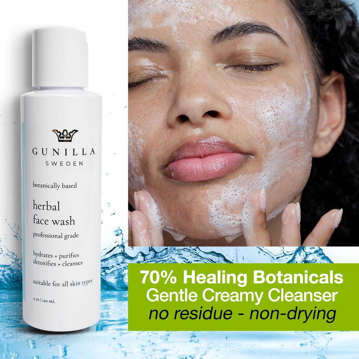 Gunilla Herbal Face Wash - Very Gentle Daily Cream Cleanser For Dry, Normal, Sensitive Skin. Removes Dirt, Oil & Impurities. Plant-Based. Vegan. Natural. Concentrated 4.0 Oz