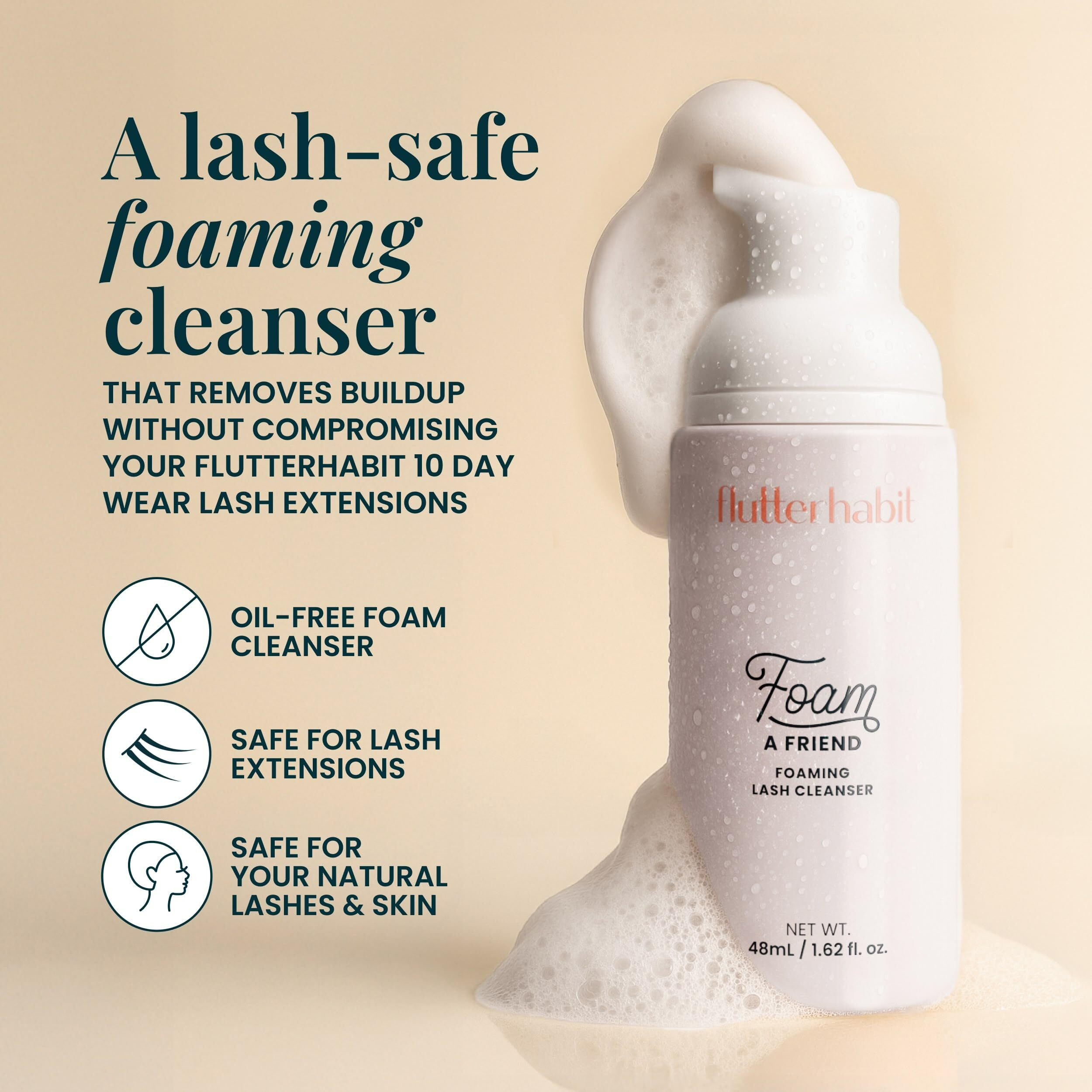 Flutterhabit Lash Shampoo, Gentle Foaming Eyelash Extension Cleanser, Lash Extension Cleanser Gently Removes Waterproof Makeup, Dirt, & Oil From Multi-Day Lashes, For Professional & Home Use (50Ml)