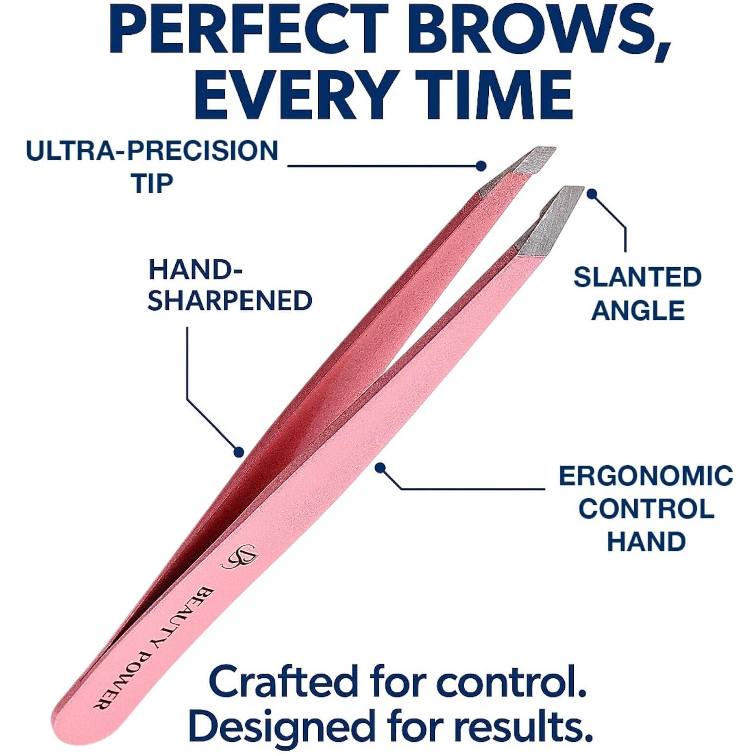 Beauty Power Professional Tweezers In Case - Slant, Durable Lightweight German Stainless Steel, Ultra Precision Tweezers For Eyebrows, Facial Hair, Chin, And Ingrown Hair Removal - Gift (Pink)
