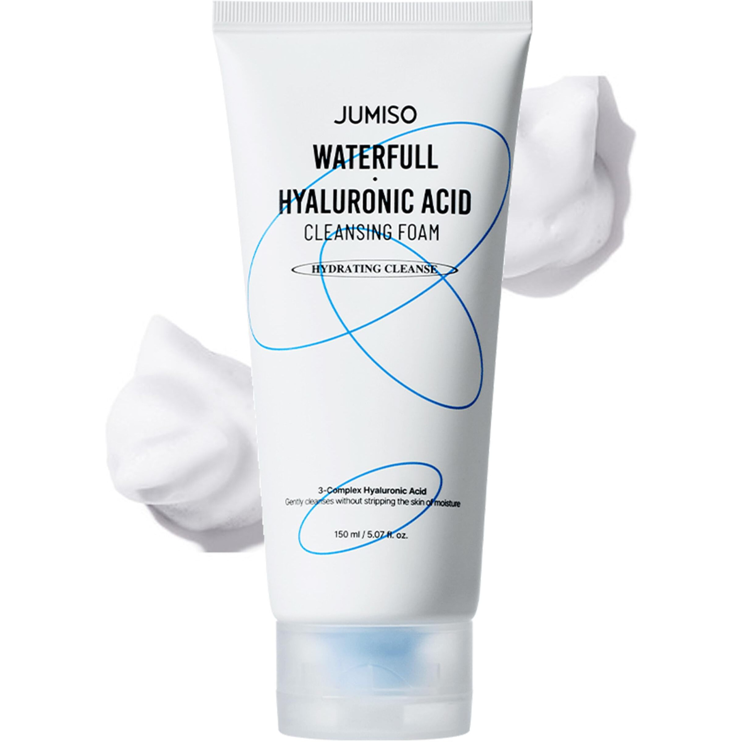 Jumiso Waterfull Hyaluronic Acid Cleansing Foam - Korean Face Wash 3-Complex Hyaluronic Ceramides Lha Gentle Exfoliating Hydrating Cleanser All Skin Types Non-Stripping 5.07 Oz