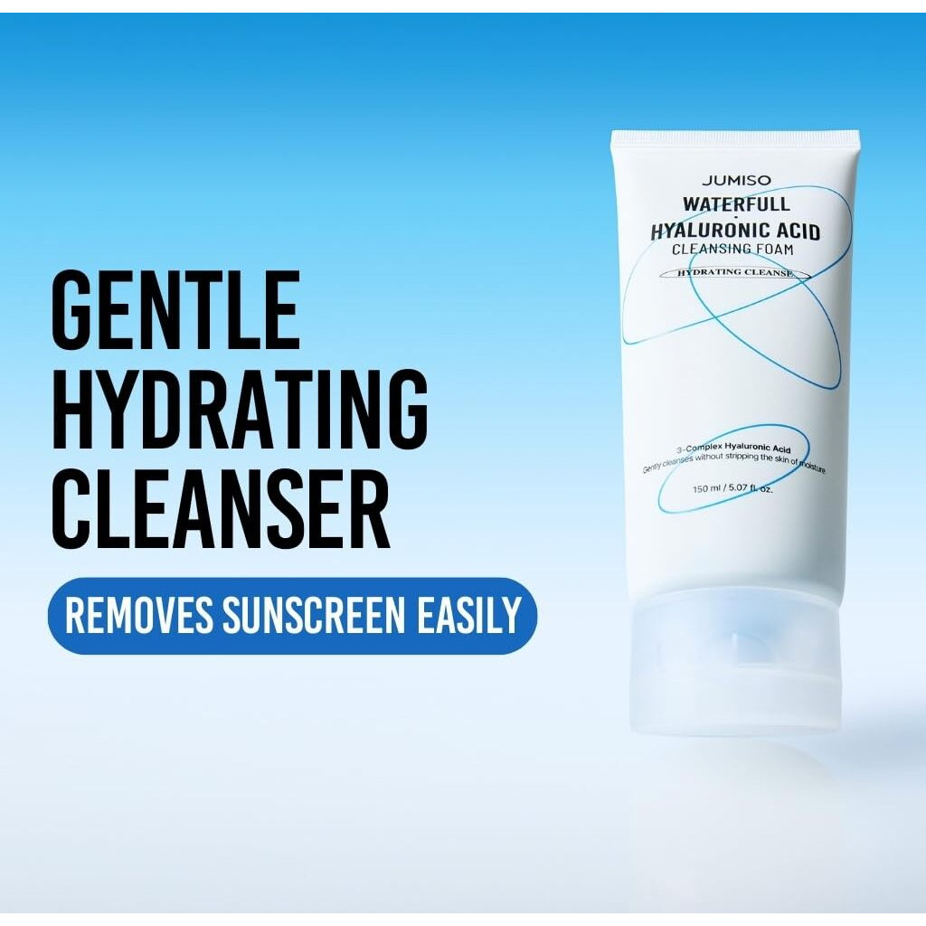 Jumiso Waterfull Hyaluronic Acid Cleansing Foam - Korean Face Wash 3-Complex Hyaluronic Ceramides Lha Gentle Exfoliating Hydrating Cleanser All Skin Types Non-Stripping 5.07 Oz