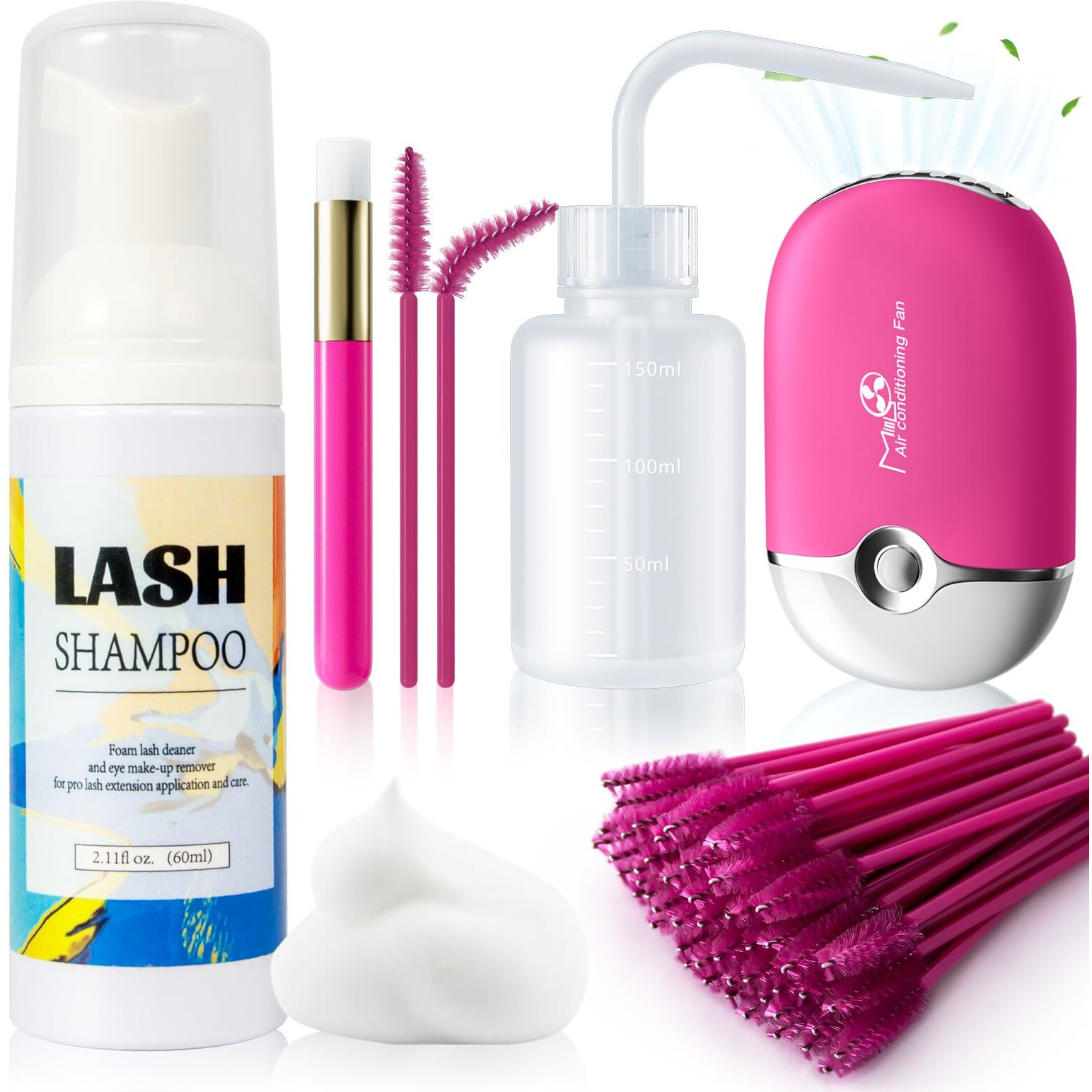 Buqikma Lash Shampoo 2.11Floz Eyelash Extension Cleanser Gentle Foam,Usb Mini Lash Fan,Rinsing Bottle Mascara Brush Cleaning Brush Lash Cleaning Kit Lash Wash For Professional Salon&Home Use(Rose Red)