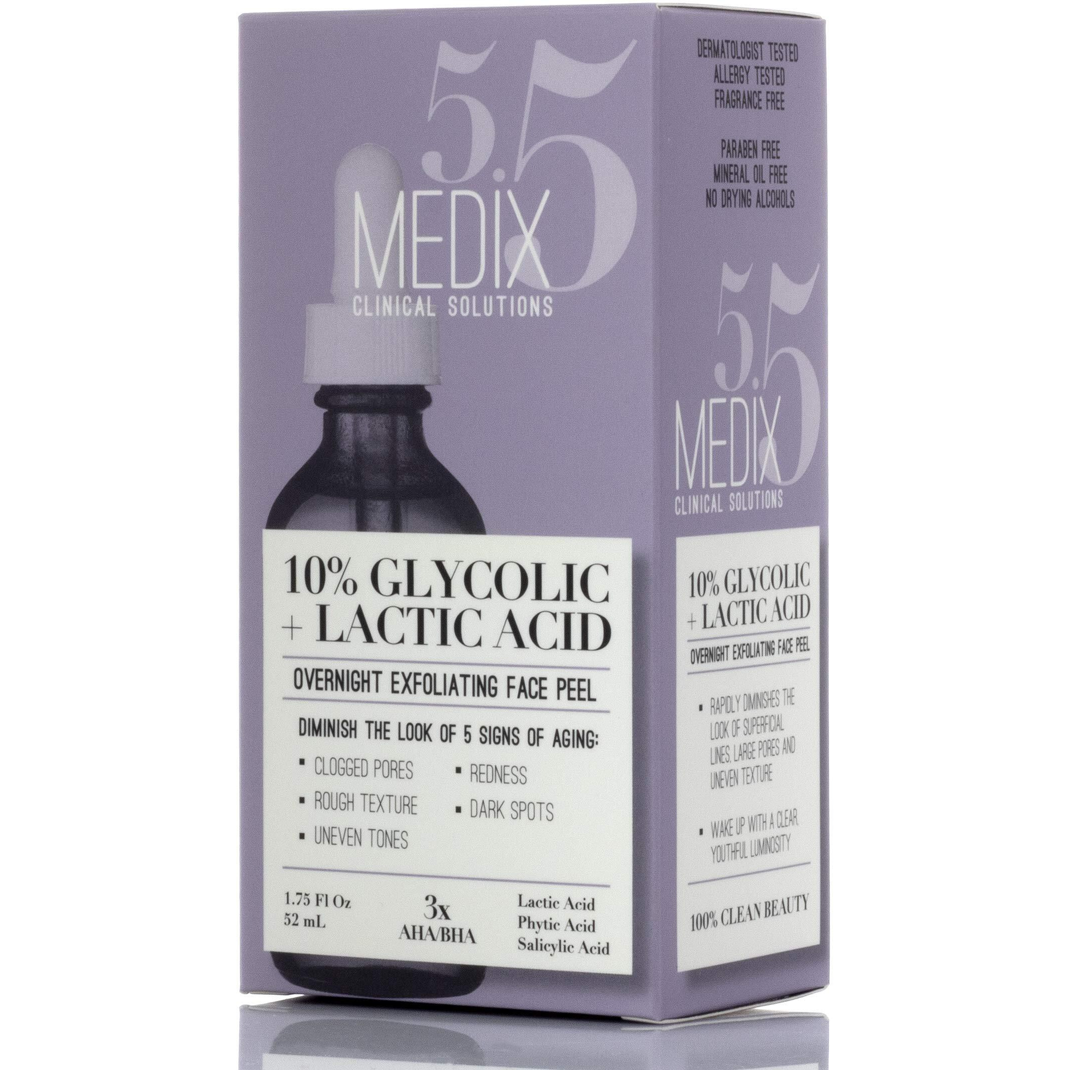 Medix 5.5 10% Glycolic Acid Face Peel Exfoliating Serum With Lactic Acid + Salicylic Acid, Gentle Skin Care Exfoliate Facial Peel Treatment Targets Fine Lines, Wrinkles, Large Pores |1.75 Fl Oz