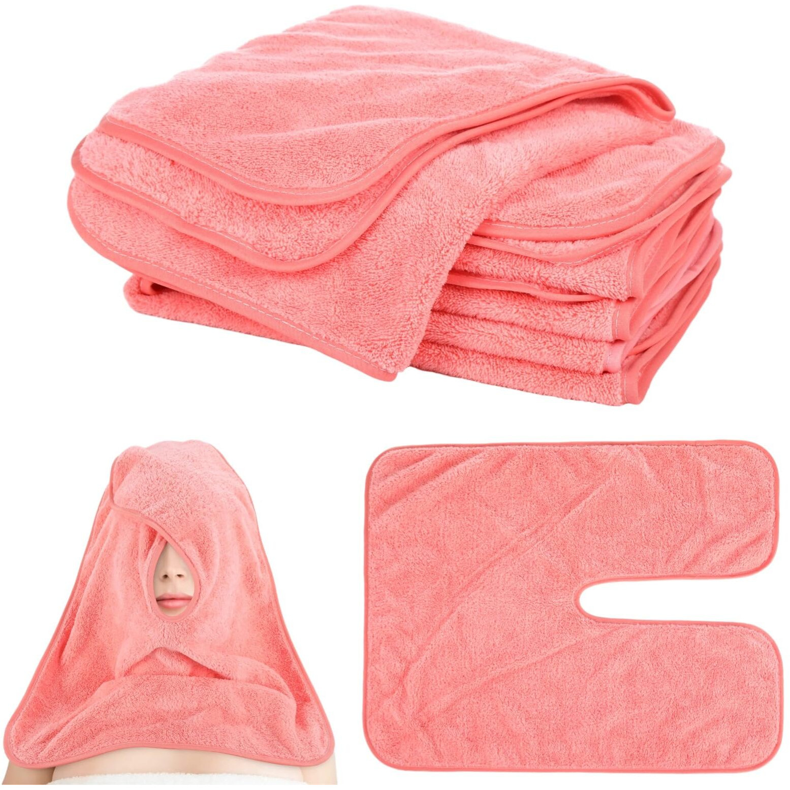 Dimegon 12 Pcs Facial Towels For Estheticians, U-Shaped Coral Fleece Towels, Large Size With Split Face Hole Design, Easy To Clean, Machine Washable, Ultra Absorbent For Beautiful Salon, Pink