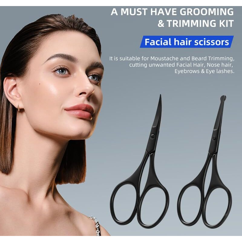 Essbes Facial Hair Small Grooming Scissors Set For Men Women Eyebrow Nose Hair Mustache Beard Eyelashes Trimming Kit Curved And Rounded Safety Tip 2Pcs
