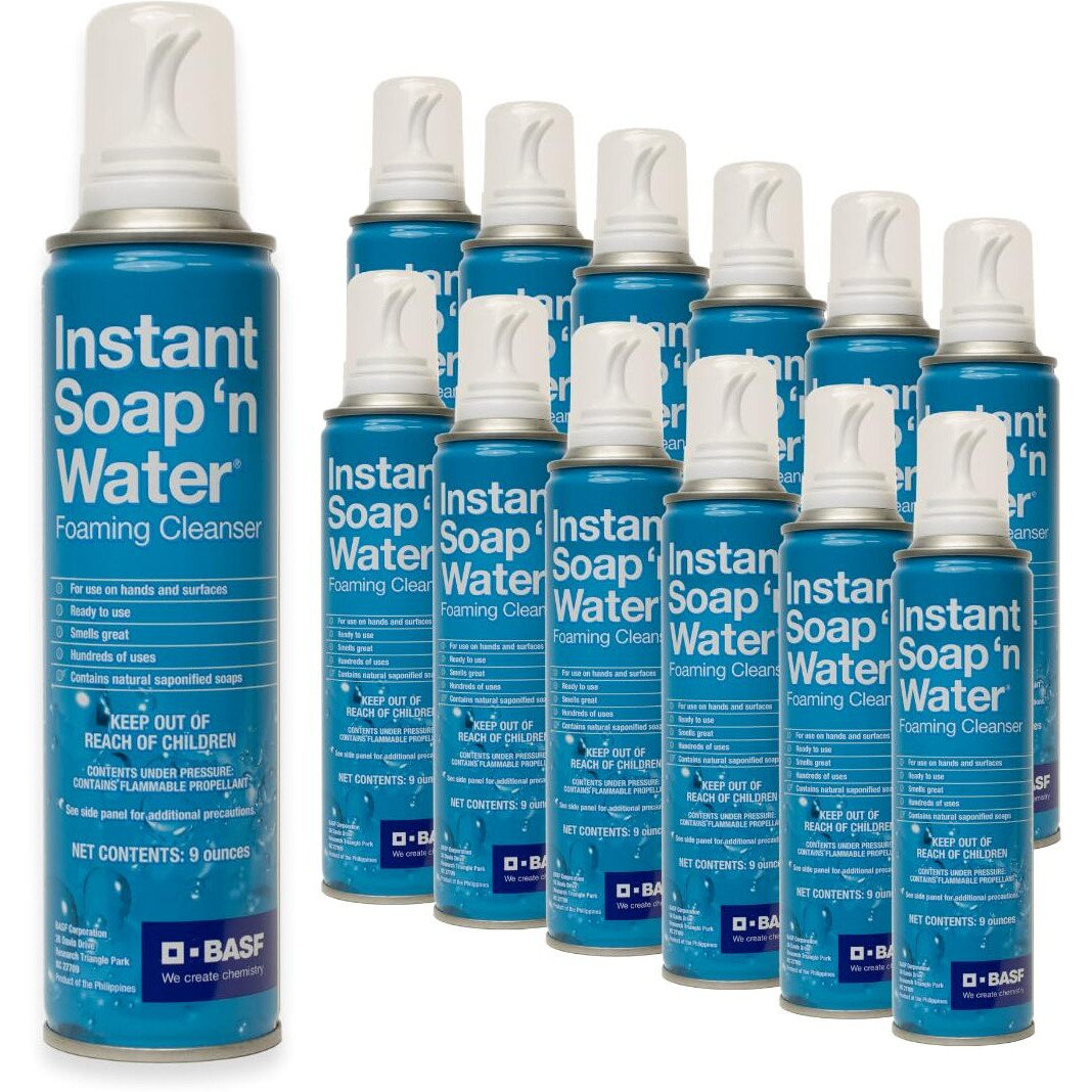 Basf Instant Soap 'N Water, Foaming Hand Cleanser, Ready To Use No Rinse Subtle Scent Skin Cleaner, On The Go, Home, Work, Travel, Up To 100 Washes, (12) 9 Oz