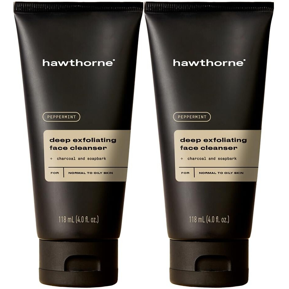 Hawthorne Men's Deep Exfoliating Charcoal Face Wash Cleanser For Normal To Oily Skin. Eliminate Dirt, Grease, And Grime. Natural Ingredients, Vegan, Sulfate Free. 2-Pack, 4 Fl. Oz. Each