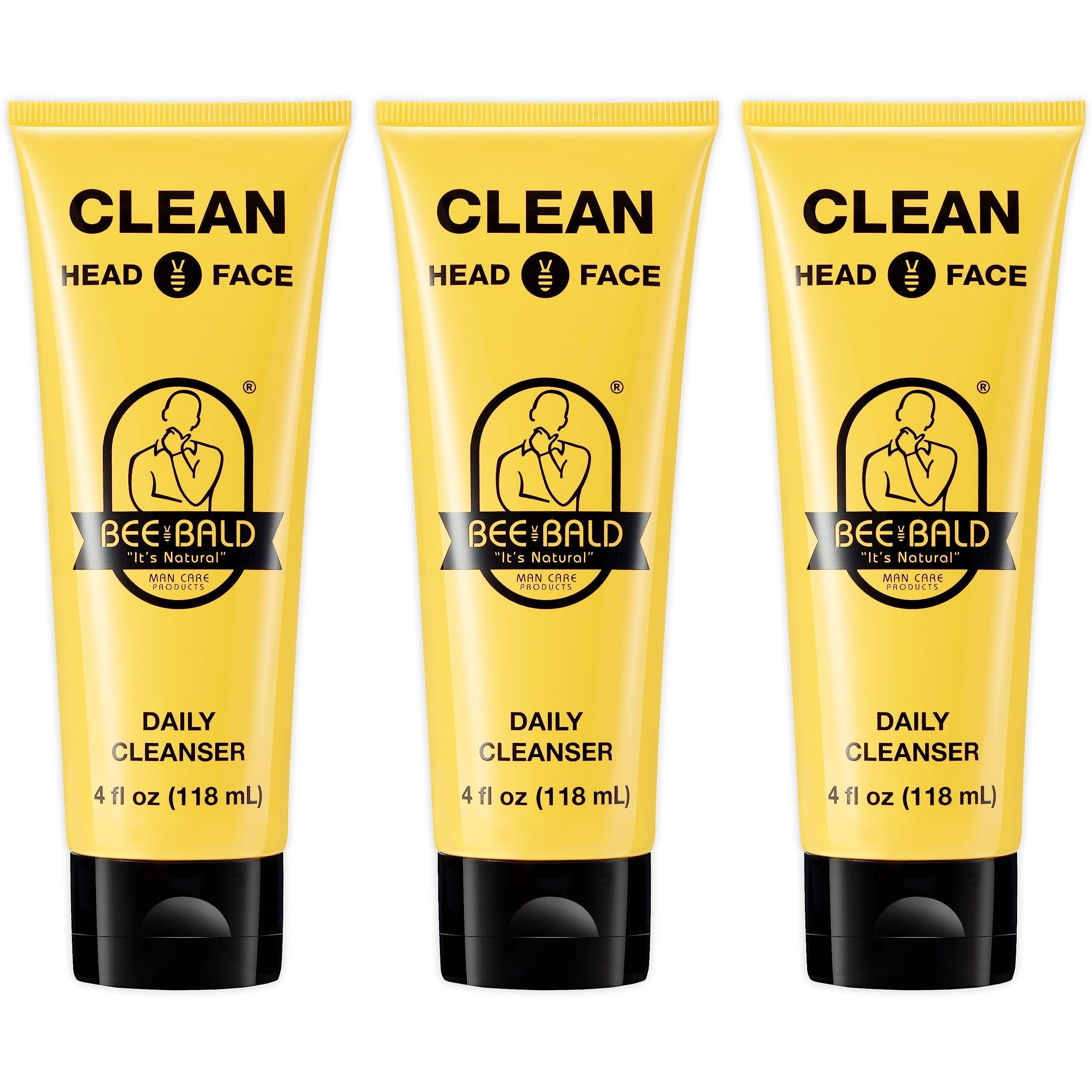 Bee Bald Clean Daily Head & Face Cleanser, Refreshes And Thoroughly Washes, Premium Bald Head Care For Men And Women, 4 Fl Oz (Pack Of 3)