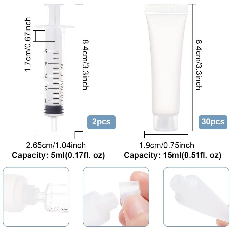 Benecreat 30 Pack 0.5Oz Clear Empty Tubes With Plastic Syringes Clear Squeezable Cosmetic Containers Refillable Plastic Tubes For Shampoo Facial Cleanser Makeup Sample