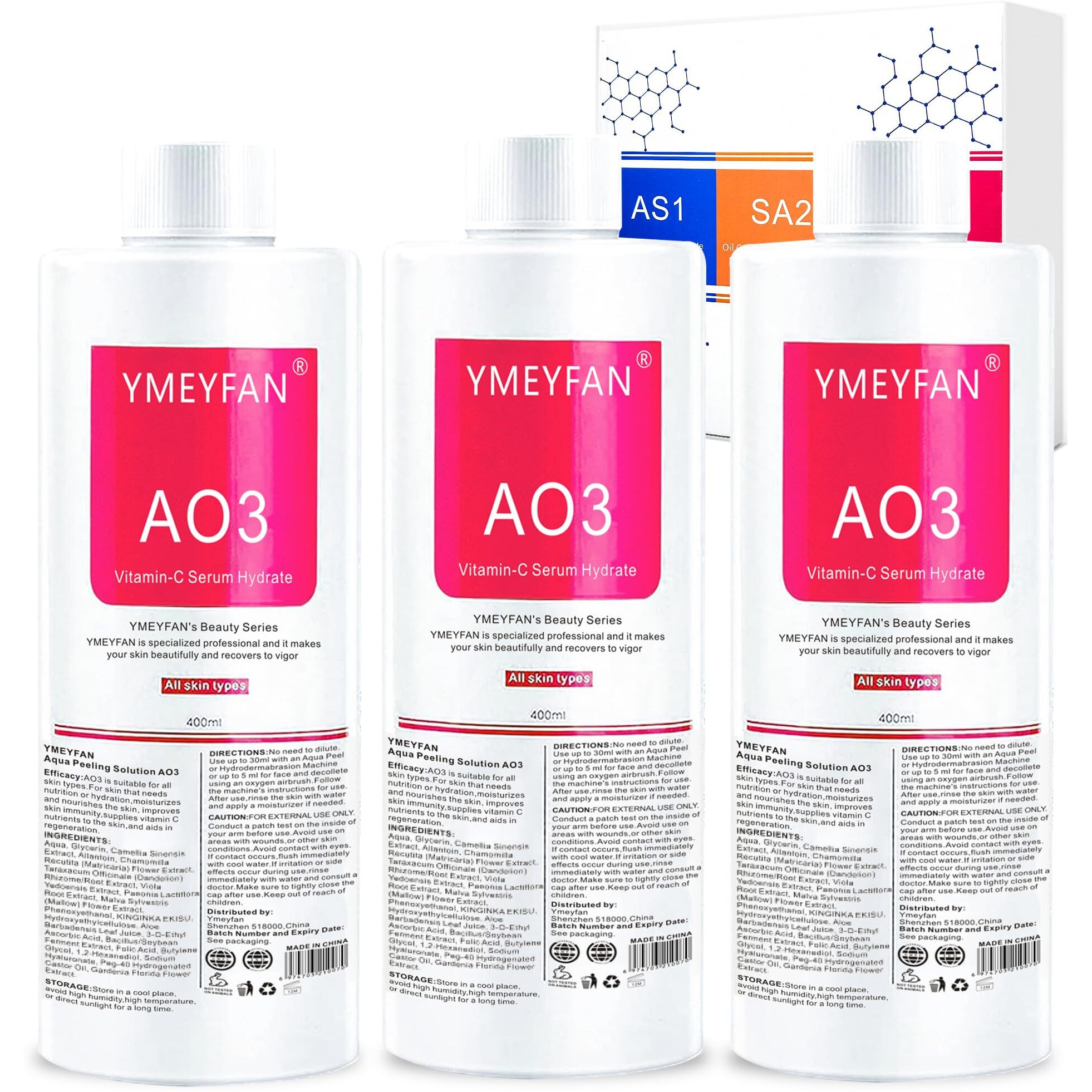 Ymeyfan Ao3 Solution For Facial Machine (English Ver.), Aqua Peeling Solution For Hydrogen Oxygen Facial Machine Professional, Facial Nourishing Hydrating Serums For Face Skin Care(400Mlx3Bottles)