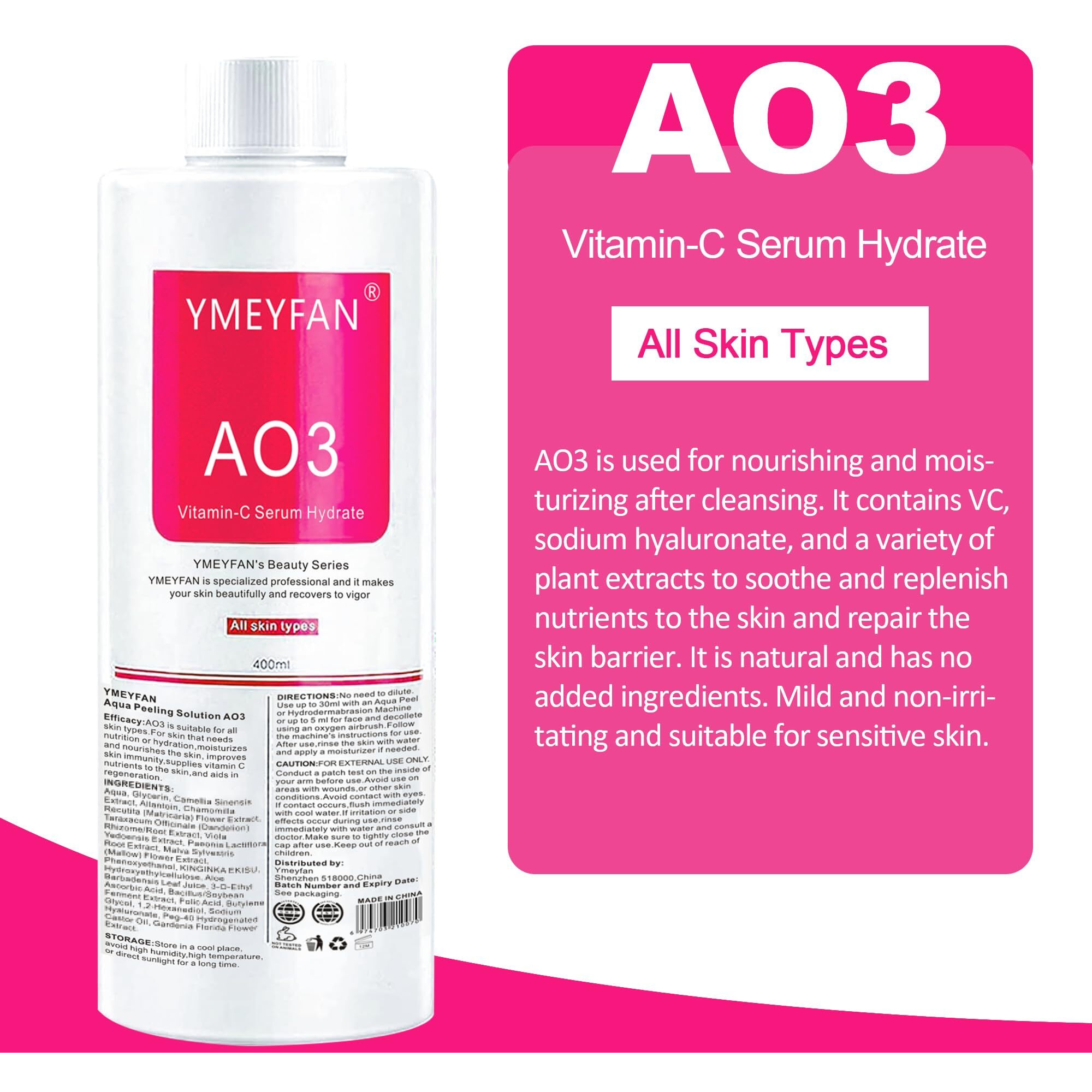 Ymeyfan Ao3 Solution For Facial Machine (English Ver.), Aqua Peeling Solution For Hydrogen Oxygen Facial Machine Professional, Facial Nourishing Hydrating Serums For Face Skin Care(400Mlx3Bottles)