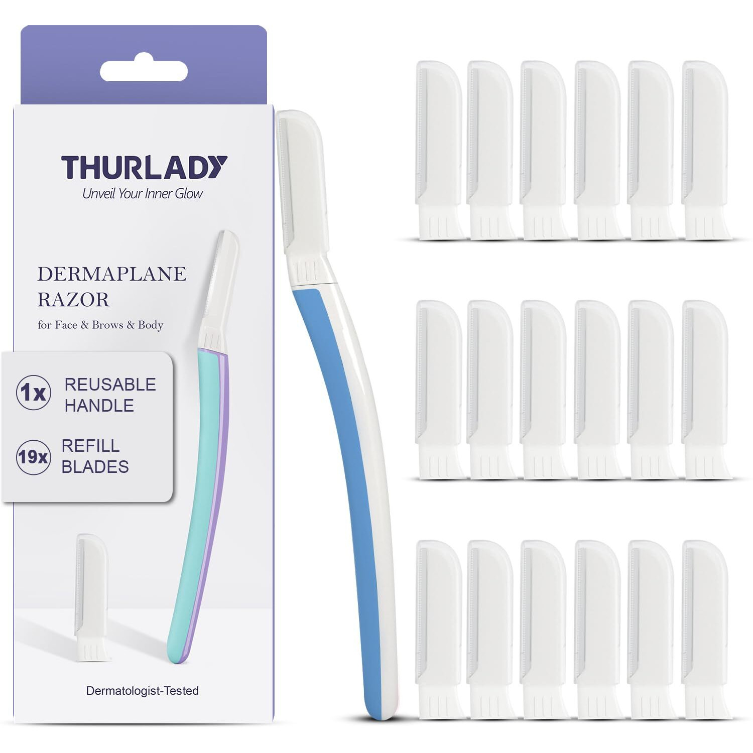 Thurlady Face Razors For Women, Reusable Handle With 19 Microblades, Dermaplane Razor For Women Face, Eyebrow & Facial Razors, Peach Fuzz Remover, Gentle Exfoliating, For Sensitive Skin (Aegean Frost)