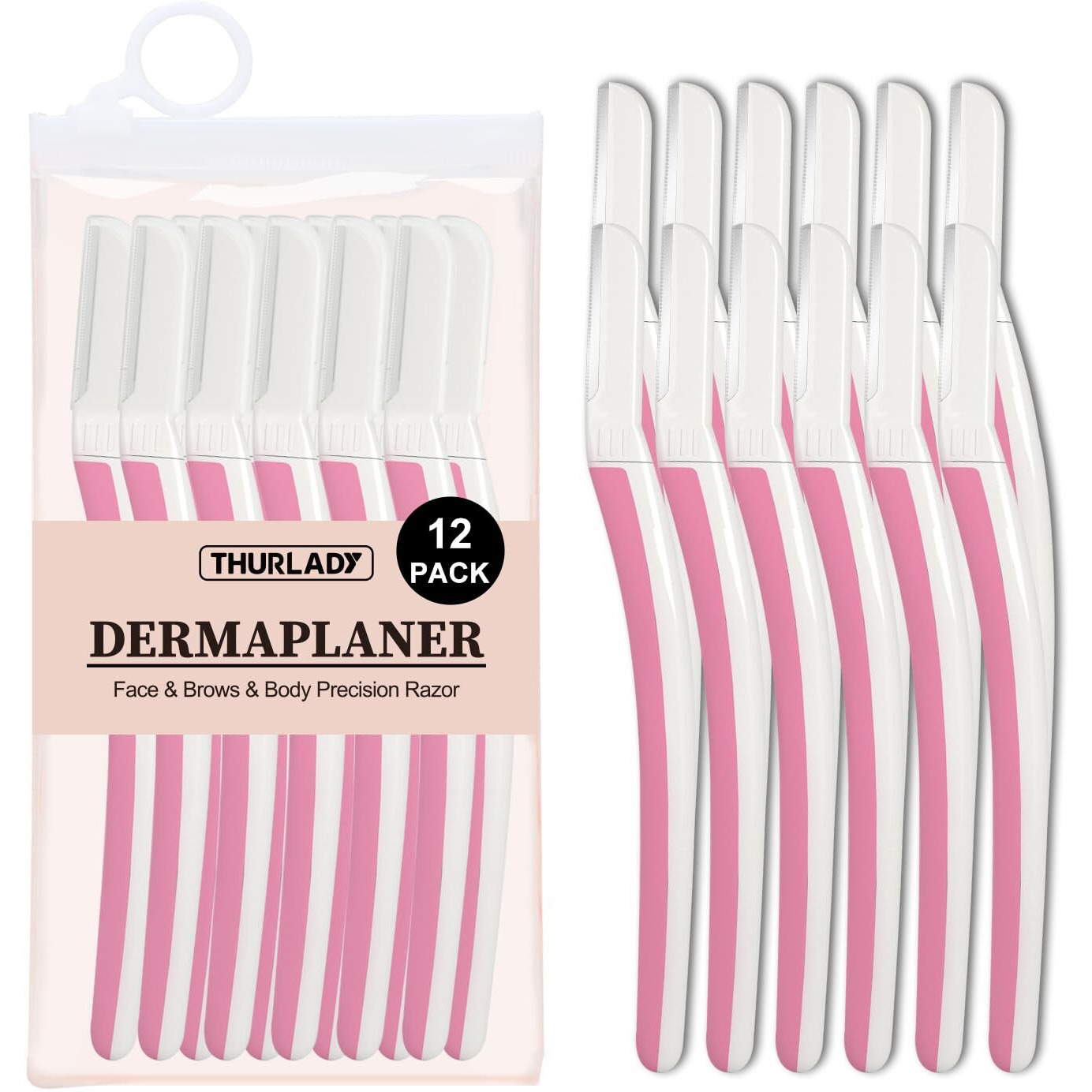 Thurlady Face Razors For Women Dermaplaning, Dermaplane Razor For Women Face, Eyebrow & Facial Razors, Peach Fuzz Remover, Gentle Exfoliating Microblades, For Sensitive Skin (Pack Of 12, Pearl Blush)