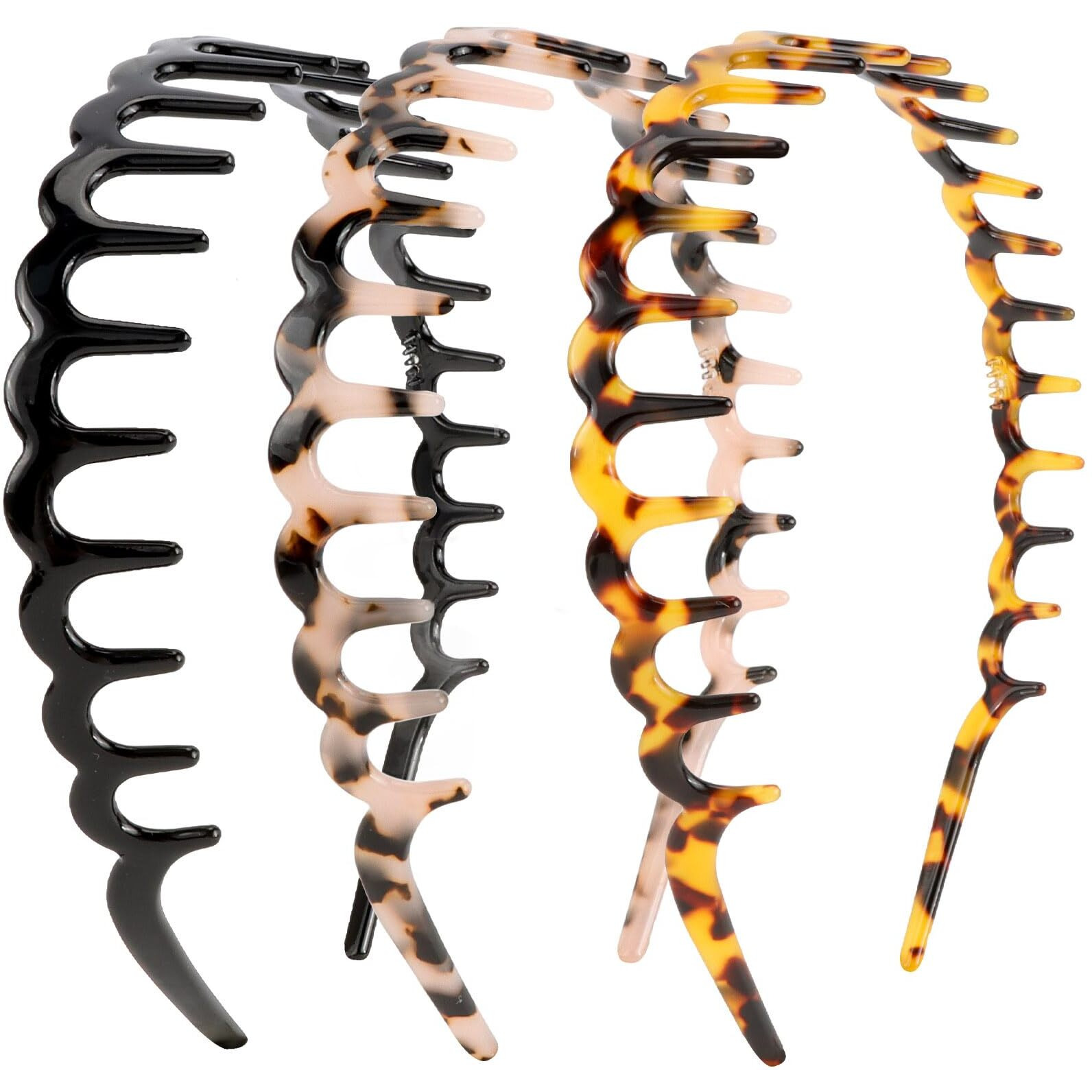 Aprince Zig Zag Headbands For Women 3Pcs, U-Shape Comb Headband, Tortoise Shell Headband With Teeth, Acetate Resin Zigzag Headbands, Plastic Claw Head Bands Non-Slip, Shark Tooth Wavy Hair Band