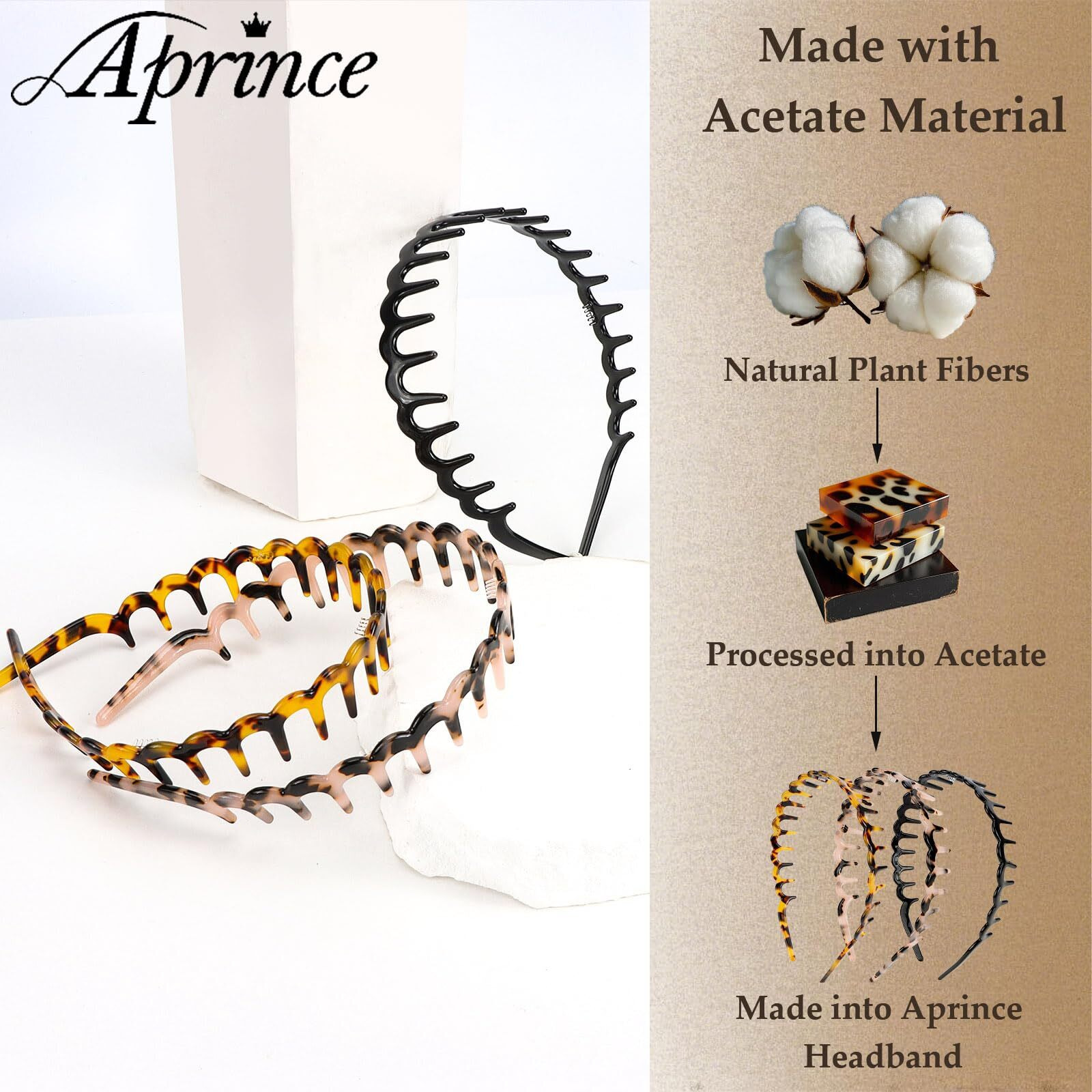 Aprince Zig Zag Headbands For Women 3Pcs, U-Shape Comb Headband, Tortoise Shell Headband With Teeth, Acetate Resin Zigzag Headbands, Plastic Claw Head Bands Non-Slip, Shark Tooth Wavy Hair Band