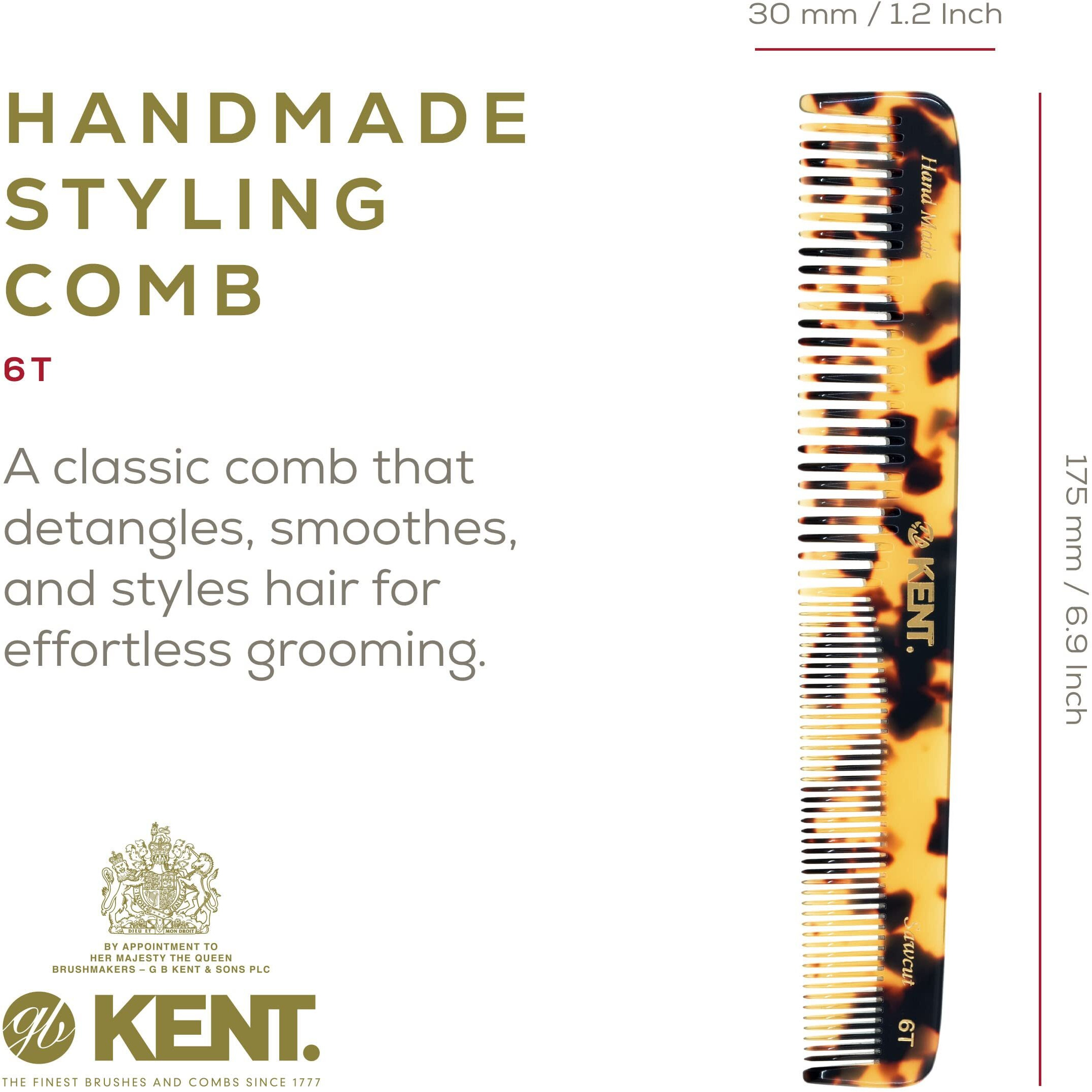 Kent 6T Ty Fine Tooth And Wide Tooth Hair Comb, Handmade Styling Comb For Hair Care, Barber Combs, Beard Combs For Men, Styling Grooming For Men, Women And Kids
