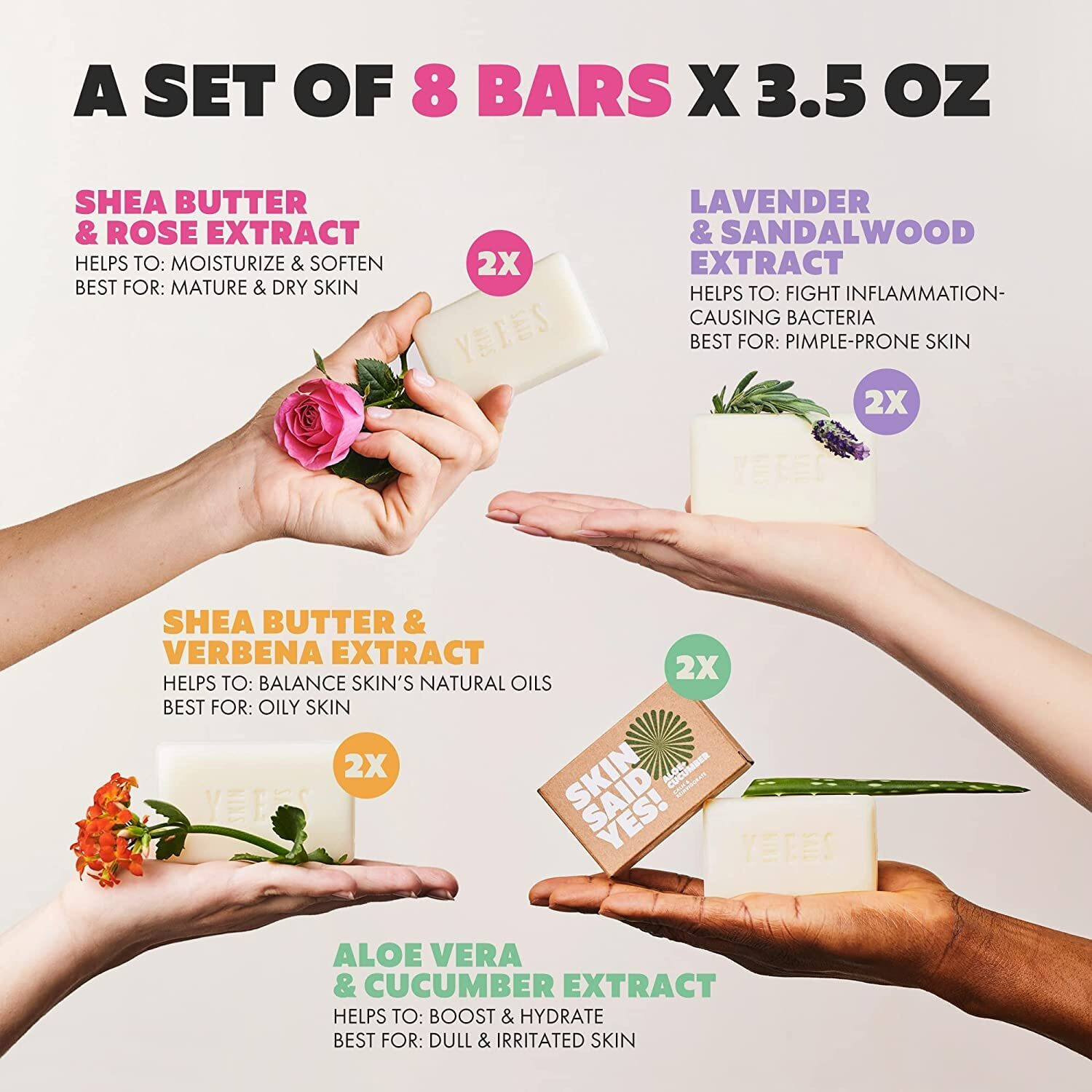 Skin Said Yes Organic Soaps Bars (Set Of 8) - Shea Butter, Olive Oil, Lavander, Sandalwood, Aloe Vera & Cucumber Extract-All Natural & Vegan Bar Soap,Jabones Artesanales Naturales (Original Packaging)