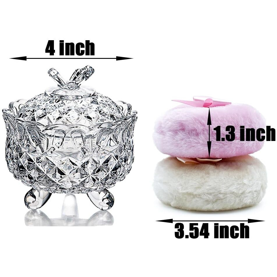 Luxury 4 Inch Glass Loose Powder Container With 2 Soft 3.5"" Puffs|Non-Sealed Refillable Organizer Storage For Body Powder Makeup & Jewelry & Setting Applicator(Butterfly-Clear)