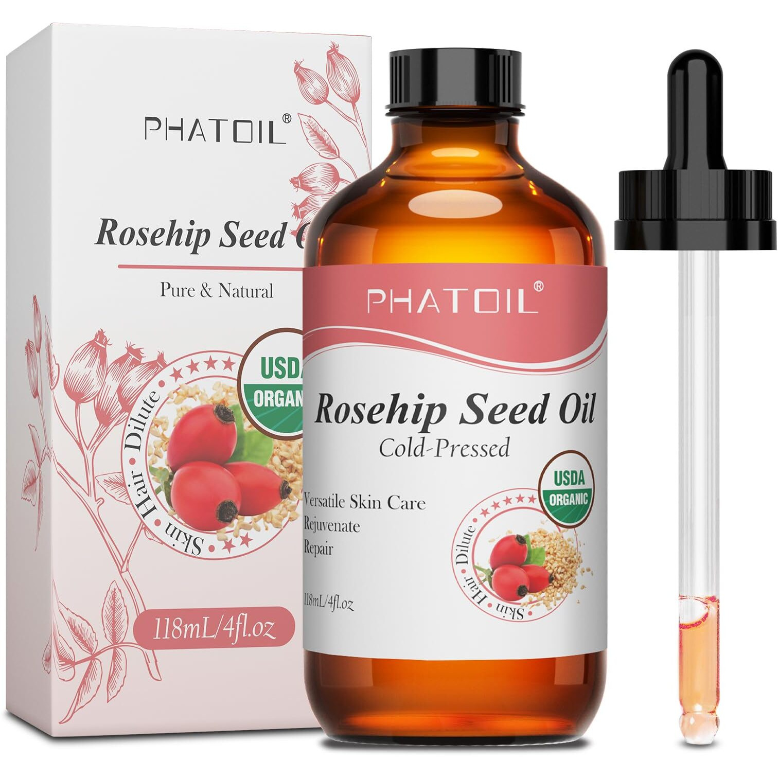 Phatoil Organic Rosehip Seed Oil For Face 4Oz/118Ml, Usda Certified Organic Pure And Natural Cold Pressed Base Carrier Oil, Massage Gua Sha For Face And Body, Moisturizing For Hair And All Skin Type