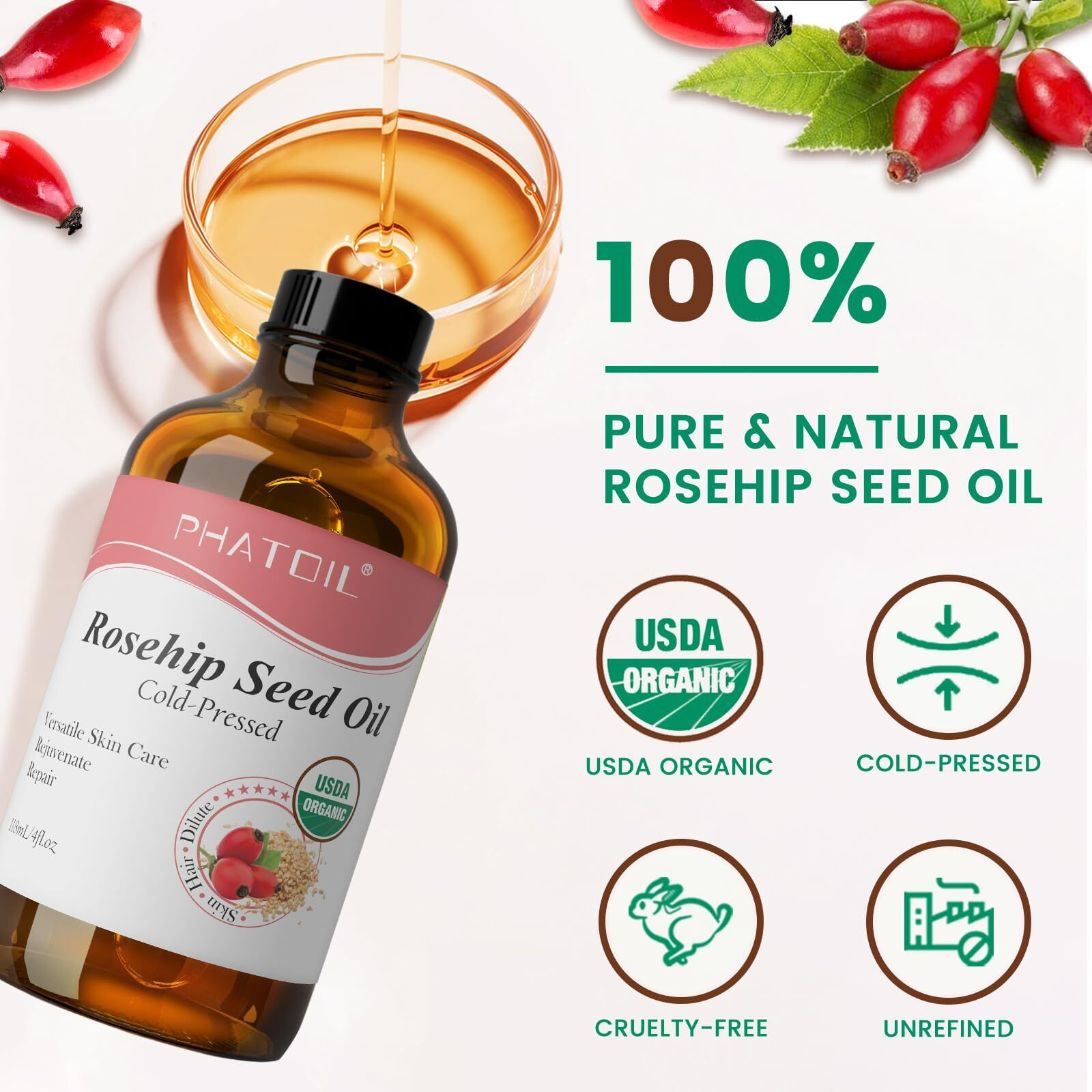 Phatoil Organic Rosehip Seed Oil For Face 4Oz/118Ml, Usda Certified Organic Pure And Natural Cold Pressed Base Carrier Oil, Massage Gua Sha For Face And Body, Moisturizing For Hair And All Skin Type