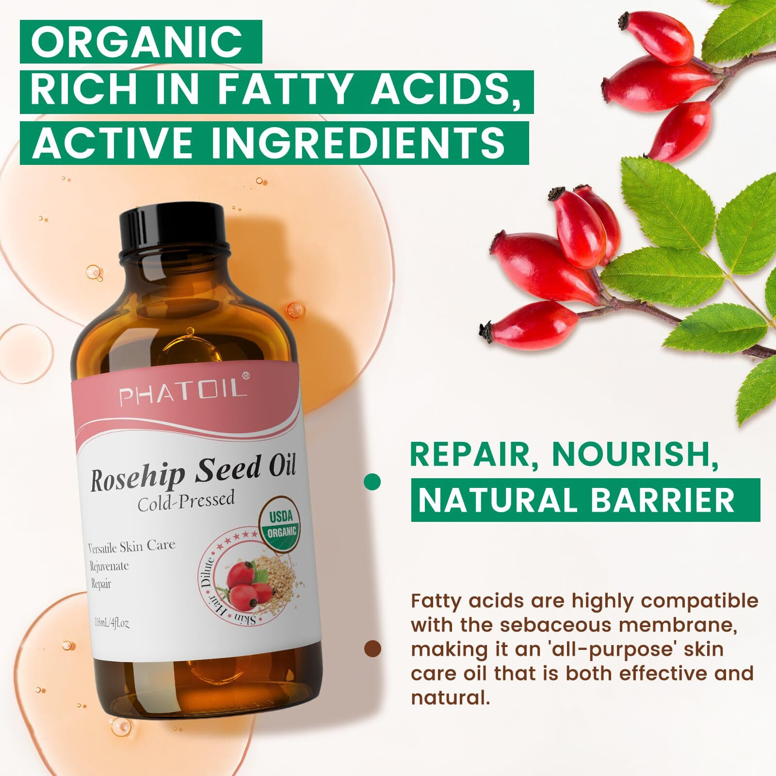 Phatoil Organic Rosehip Seed Oil For Face 4Oz/118Ml, Usda Certified Organic Pure And Natural Cold Pressed Base Carrier Oil, Massage Gua Sha For Face And Body, Moisturizing For Hair And All Skin Type