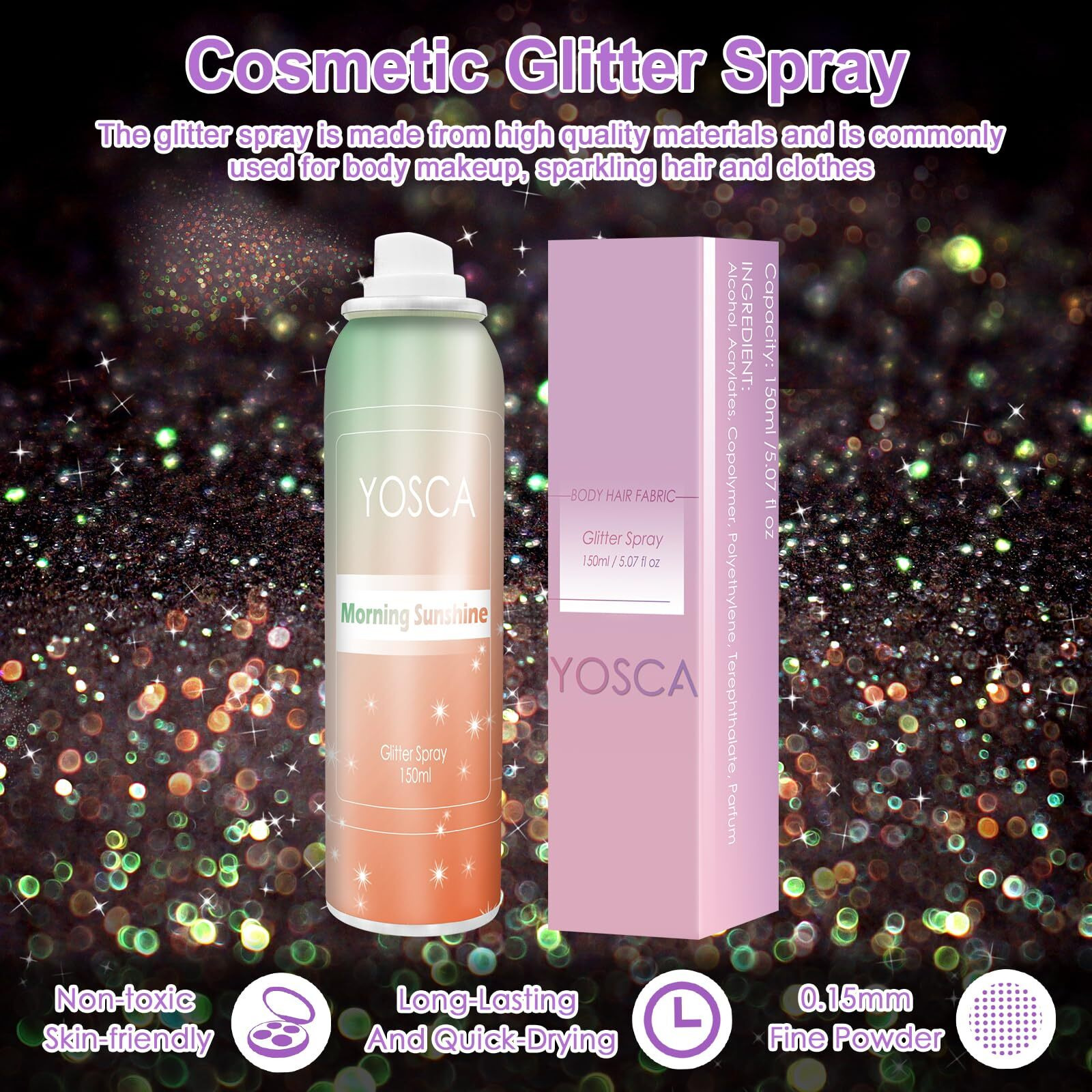 Yosca Body Glitter Spray, 150Ml Shimmer Glitter Hairspray, Glitter Spray For Hair Body Clothes, Quick-Drying And Long-Lasting Shiny Glitter Spray For Festival Music Concert Party Rave Accessories