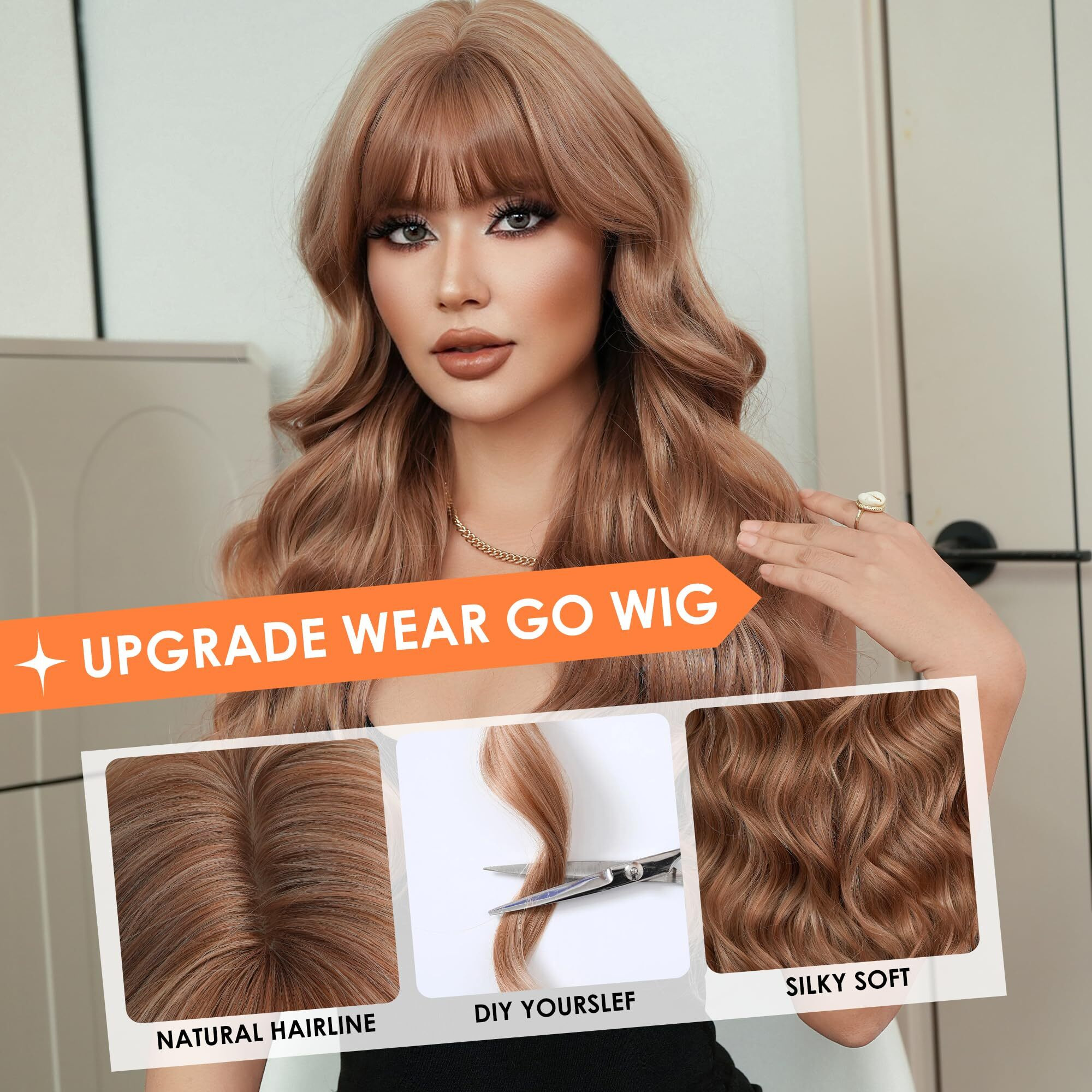 Park Yun Light Rose Brown Body Wave Wig With Bangs For Women Mixed Blonde Long Wavy Bangs Wigs Synthetic Heat Resistant Wig For Daily Wearing Party Festival Gifts
