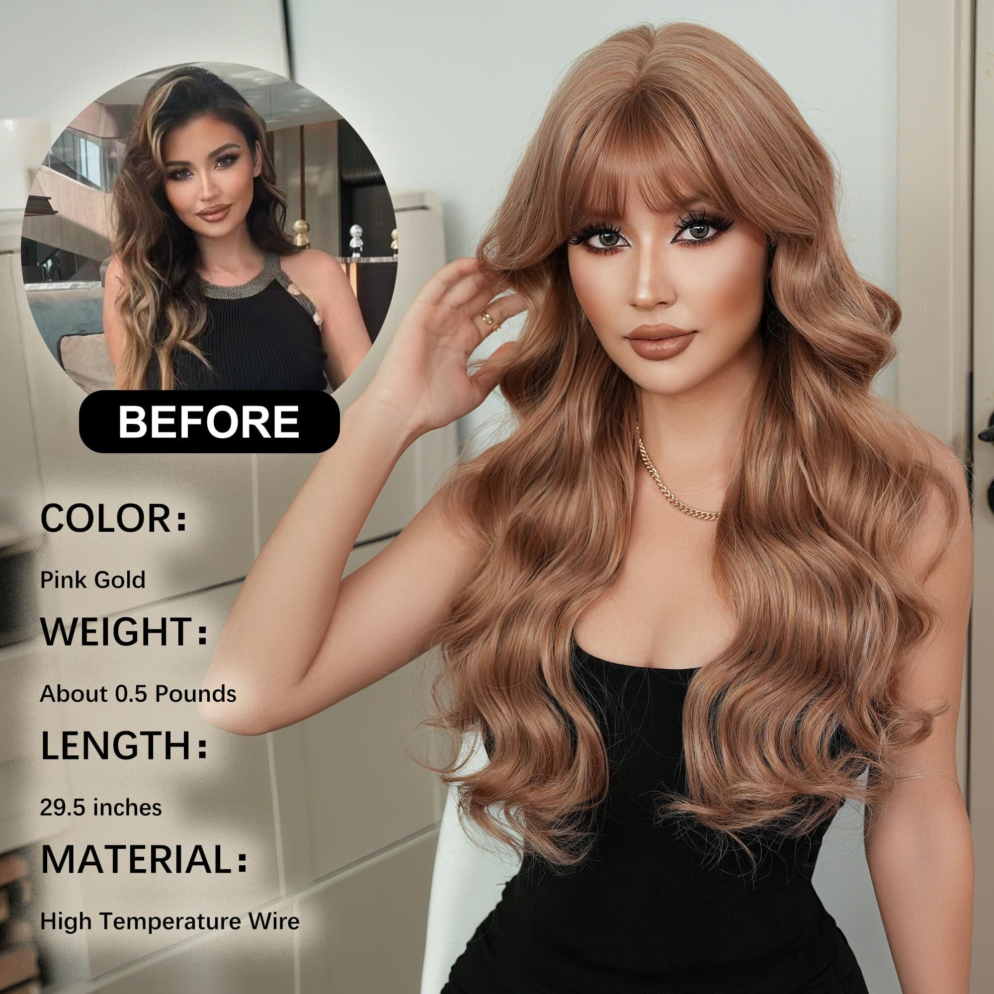 Park Yun Light Rose Brown Body Wave Wig With Bangs For Women Mixed Blonde Long Wavy Bangs Wigs Synthetic Heat Resistant Wig For Daily Wearing Party Festival Gifts