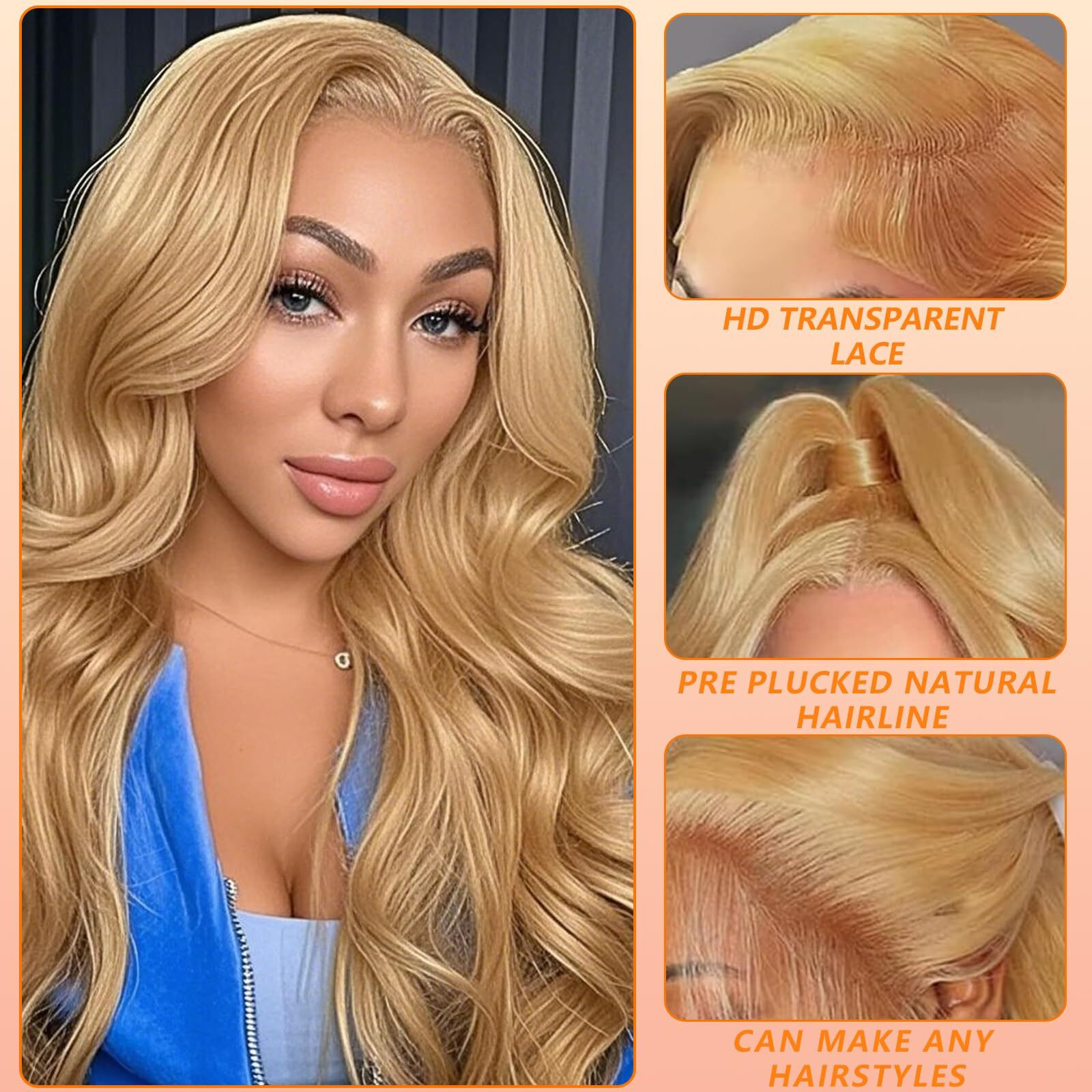 Geomone 30 Inch Honey Blonde Wig Human Hair 200 Density Honey Blonde Lace Front Wigs Human Hair Pre Plucked Hd Lace Front Wig 27 Colored 13X6 Body Wave Lace Frontal Wigs