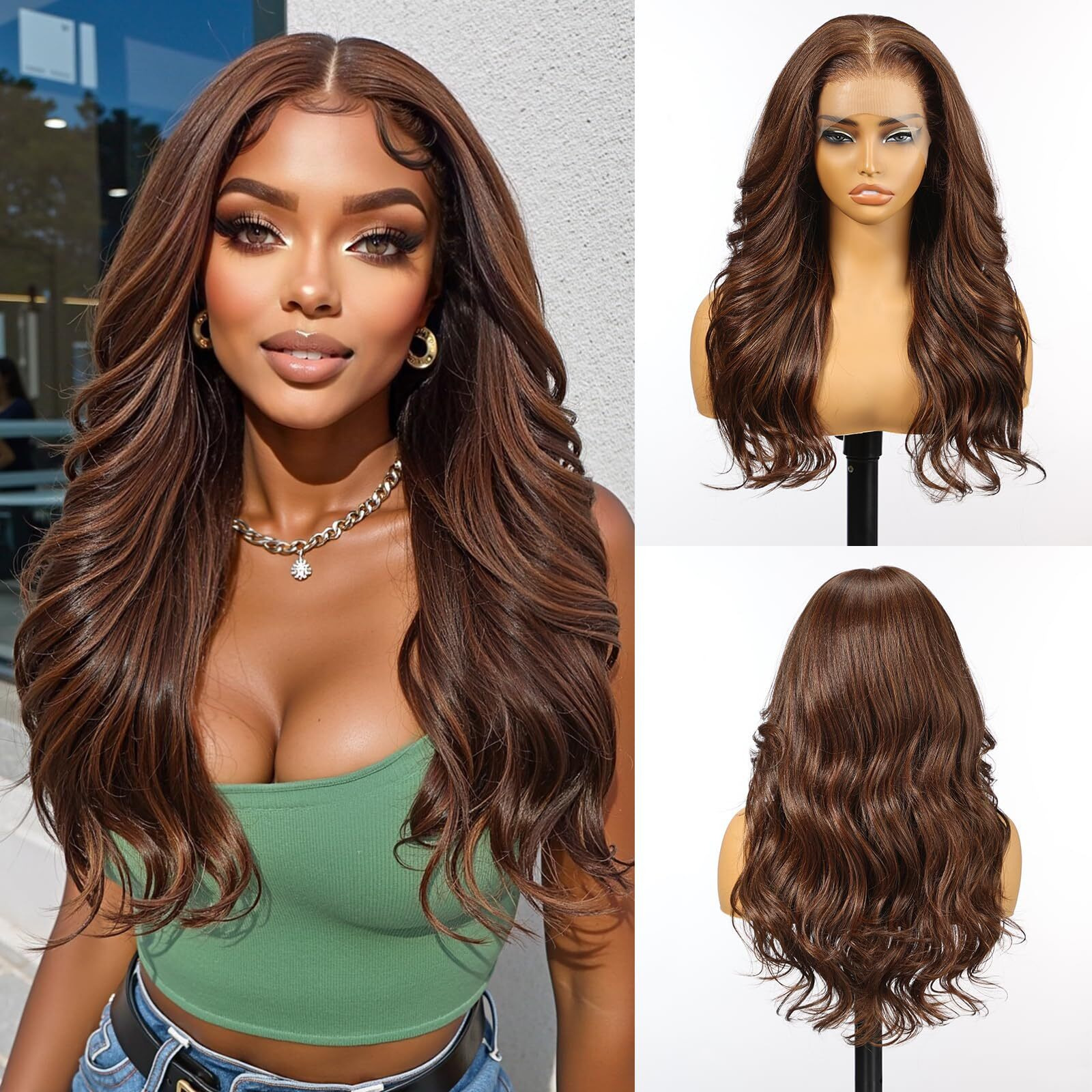 Allbell 13X6 Brown Lace Front Wig For Black Women,Glueless Synthetic Hd Lace Wigs,22Inch Body Wave Hair Replacement