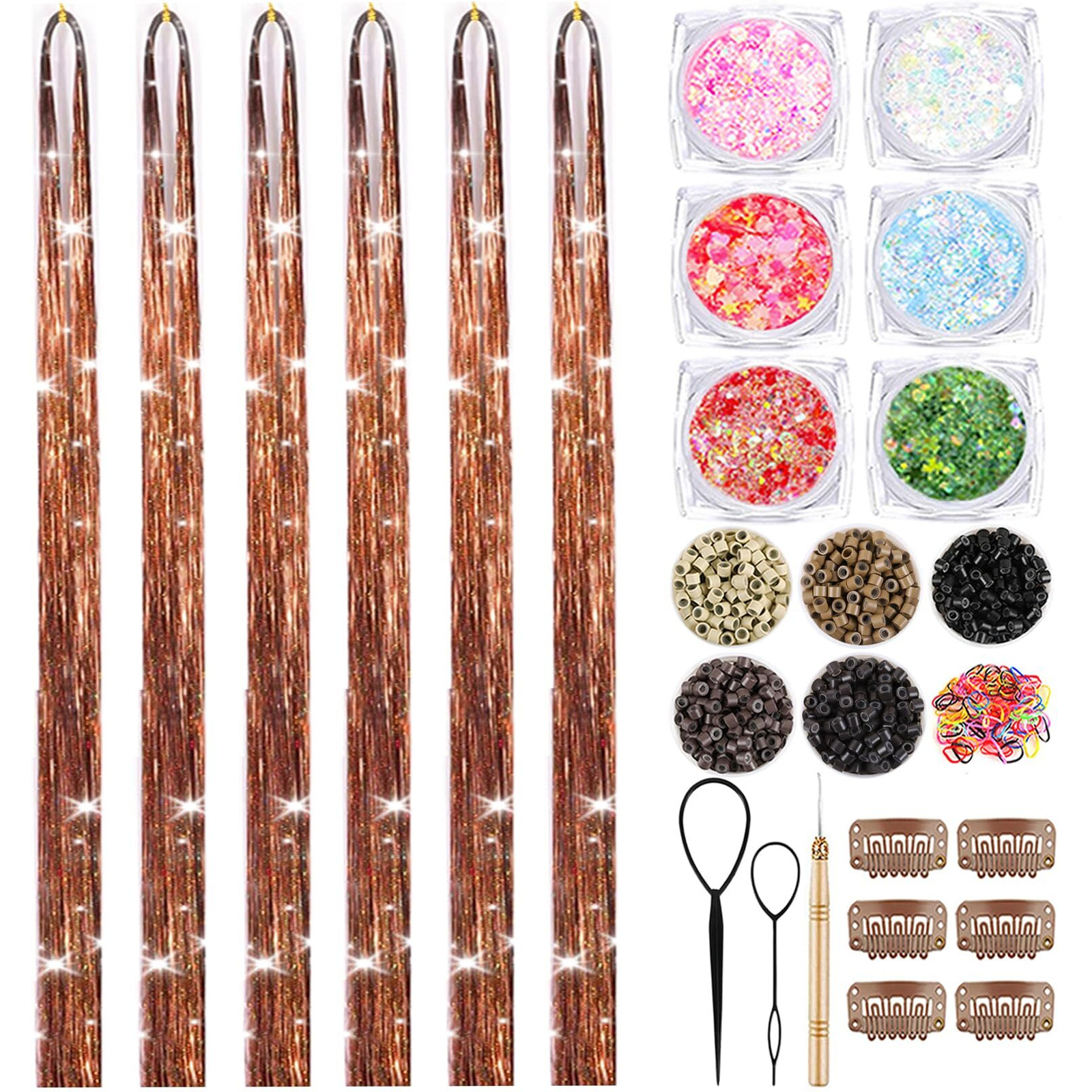 Brown Hair Tinsel Kit With Body Glitter 48 Inch 3000 Strands Glitter Tinsel Hair Extensions With Tools Fairy Hair Accessories, Suitable For Festivals And Daily Use (Coffee Brown Hair Tinsel Kit)