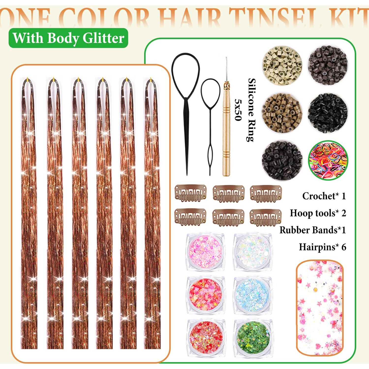 Brown Hair Tinsel Kit With Body Glitter 48 Inch 3000 Strands Glitter Tinsel Hair Extensions With Tools Fairy Hair Accessories, Suitable For Festivals And Daily Use (Coffee Brown Hair Tinsel Kit)