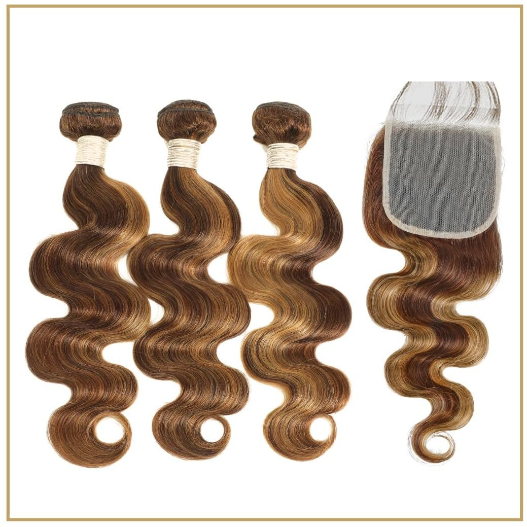 Alher P4/27 Honey Blonde Highlight Bundles With Closure Human Hair Body Wave, Balayage Ombre Brown 12A 100% Human Hair 3 Bundles And 4X4 Transperant Hd Lace Closure Free Part Baby Hair 14 16 18 +14