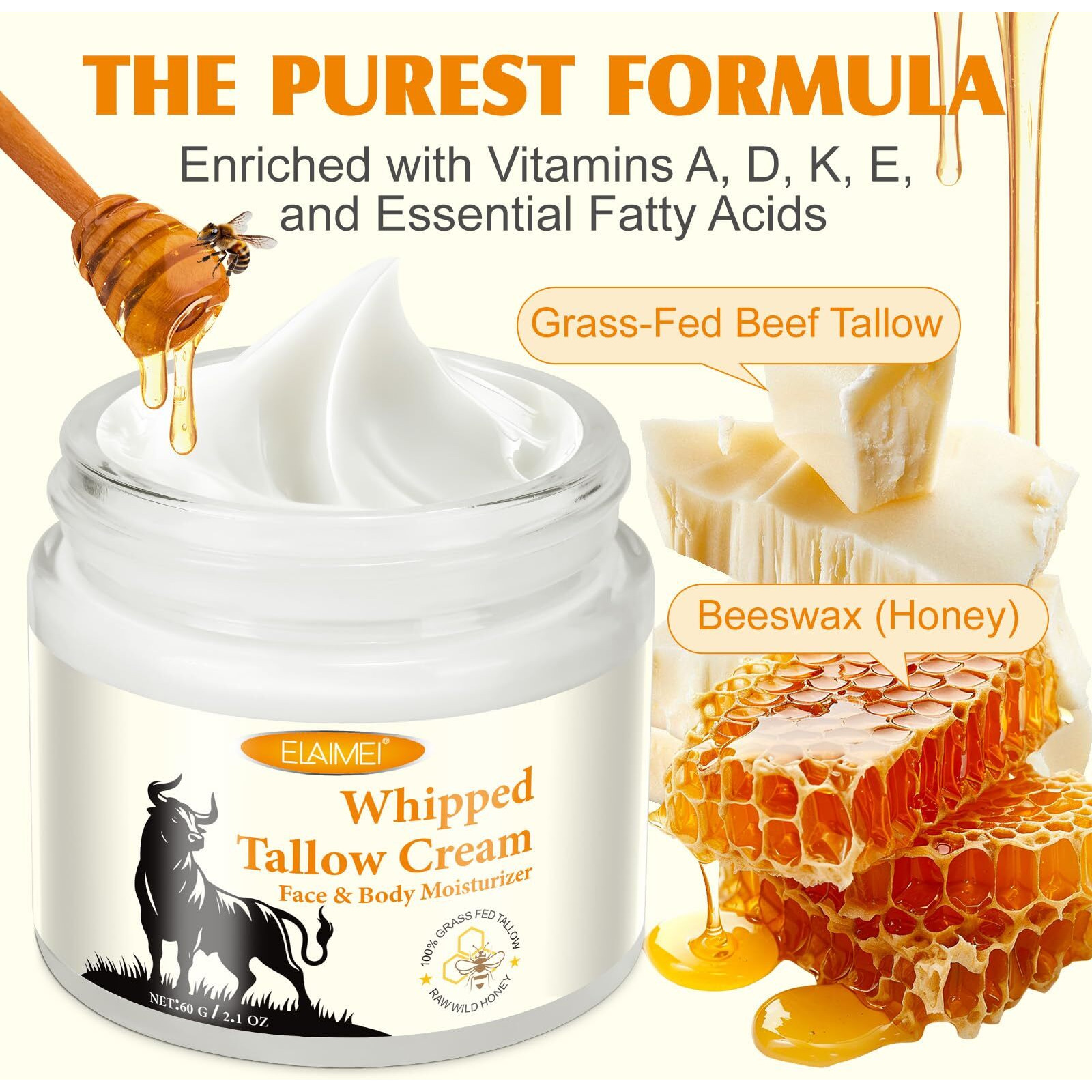 Qwsyaay Beef Tallow For Skin, Tallow Face Moisturizer, Tallow And Honey Balm, Grass-Fed Whipped Beef Tallow And Honey Cream, Deeply Moisturizing For Face & Body, Suitable For Dry & Aging Skin,2.1 Oz