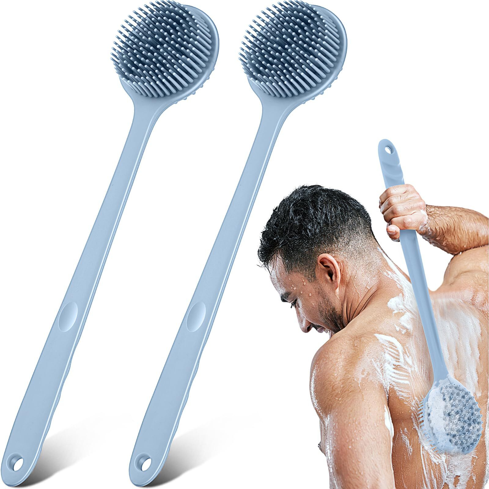 Sunnyray 2 Pack 15 Inch Soft Silicone Back Scrubber With Long Handle, Scrubber Anti Slip For Shower, Bath Body Brush, Improved Skin Health Can Produce Foam For Men And Women(Gray Blue)