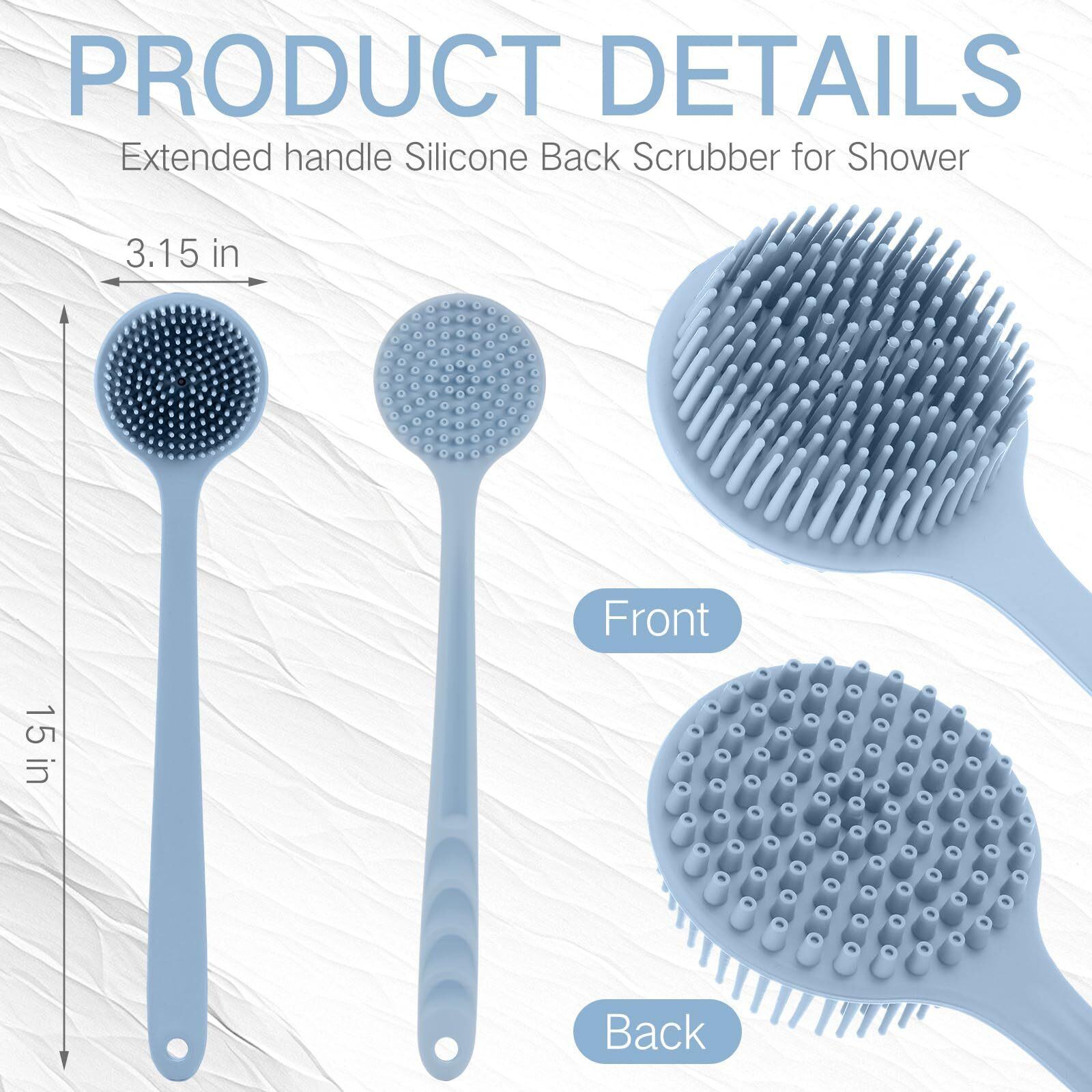 Sunnyray 2 Pack 15 Inch Soft Silicone Back Scrubber With Long Handle, Scrubber Anti Slip For Shower, Bath Body Brush, Improved Skin Health Can Produce Foam For Men And Women(Gray Blue)