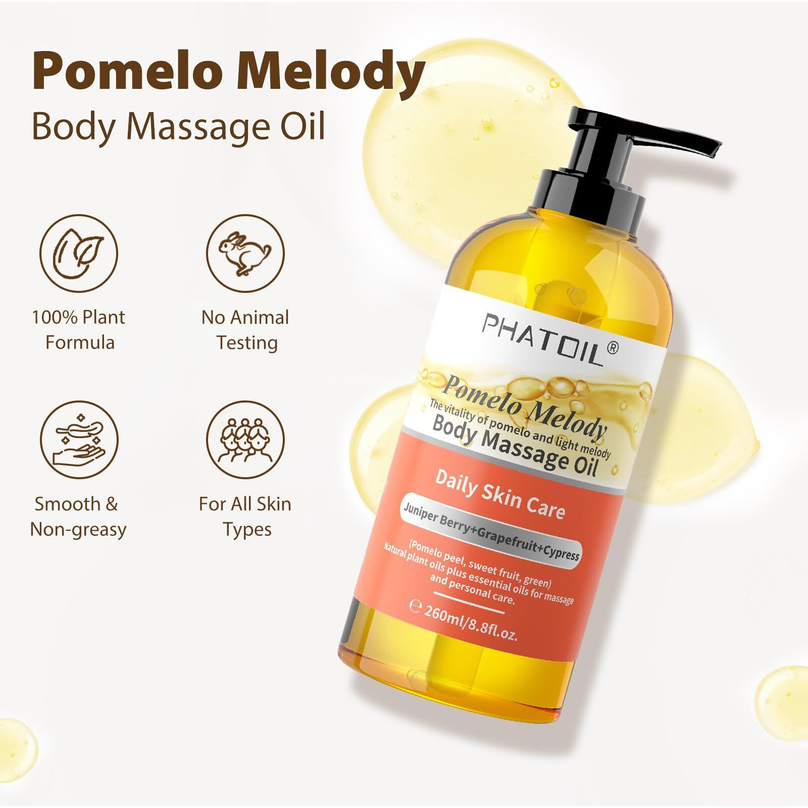 Phatoil 260Ml Grapefruit Body Firming Oil With Juniper Berry,Cypress For Nourish Skin, Long-Lasting Nature Fragrance No Greasy Body & Facial Oil Great For All Skin Types - 8.8Fl.Oz