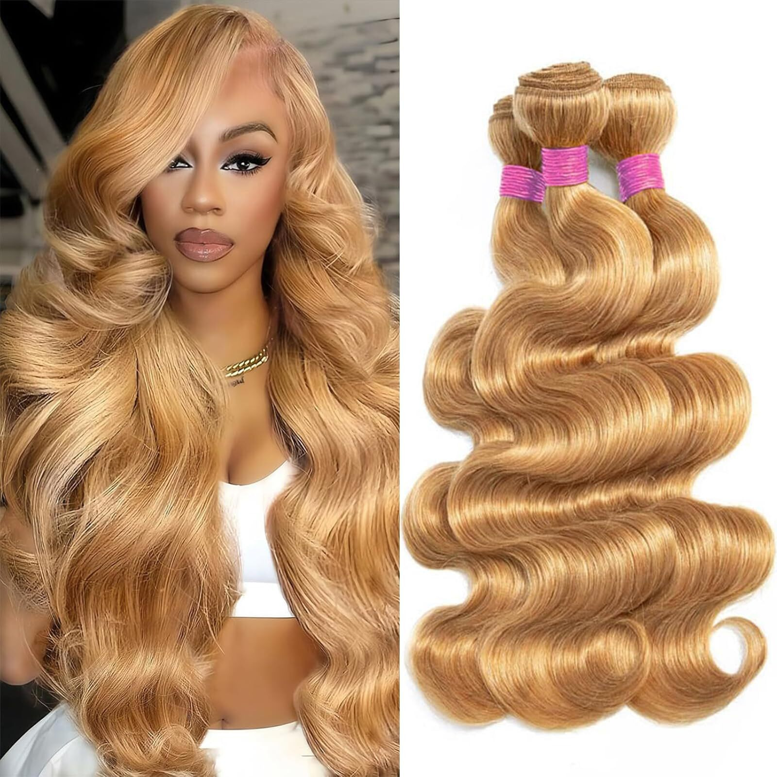 Vallbest Honey Blonde Bundles Human Hair 27 Body Wave Bundles 24 26 28 Inch 3 Bundles 100% Unprocessed Brazilian Virgin Hair 12A Virgin Raw Remy Weave Human Hair Extensions For Women