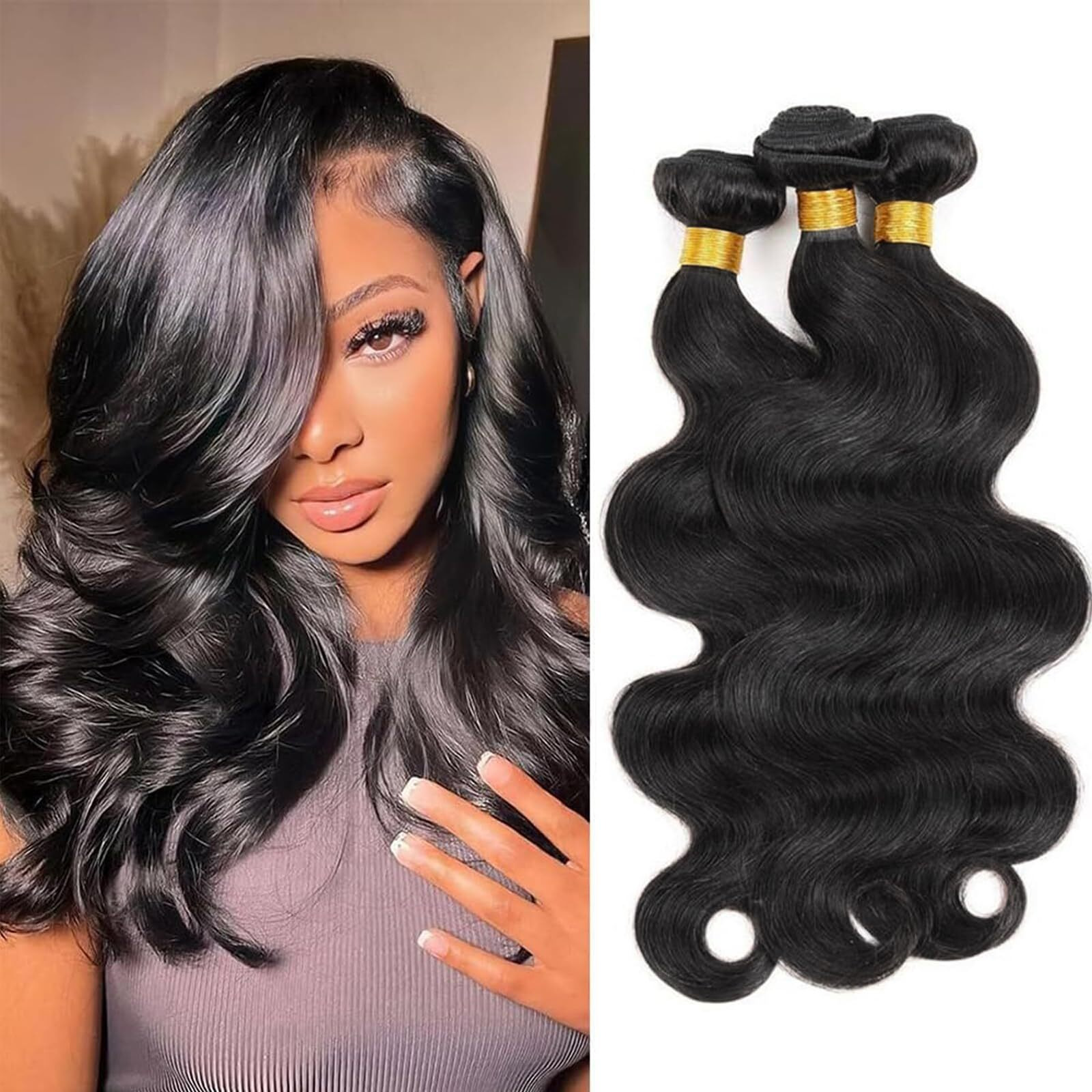 Human Hair Bundles Body Wave Human Hair 100% Unprocessed Brazilian Virgin Quick Weave Hair Extensions For Black Women 3 Bundles Natural Black 12 14 16 Inch
